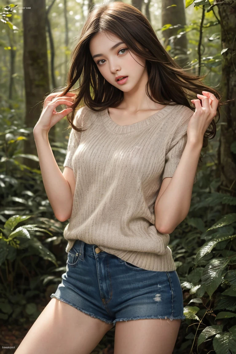 (bestquality,realistic:1.2),(brunette hair:1.1),(French:1.1),(sexy:1.1),(slim figure:1.1),(18 years
old:1.1),(handcuffed:1.1),(short sleeve sweater:1.1),(rolled-up sleeves:1.1),(hands up:1.1),(visible legs:1.1),(open mouth:1.1),illustration,forest,detailed eyes,detailed lips,high
definition,professional lighting,vivid color