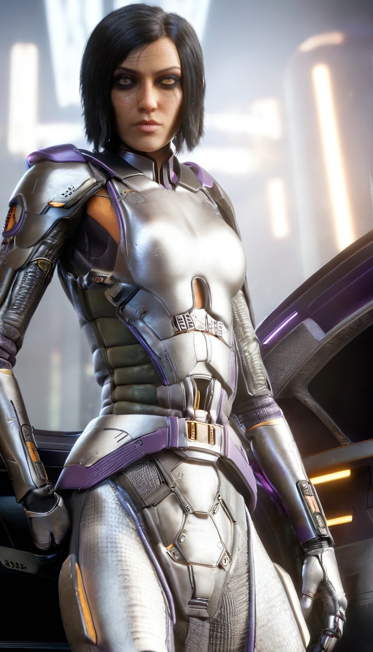 professional 3d model Cinematic scene, sabine wren, SILVER armor (HUGE BREASTS), Ghost in the Shell, detailed background, masterpiece, best quality, high quality, highres, absurdres . octane render, highly detailed, volumetric, dramatic lighting