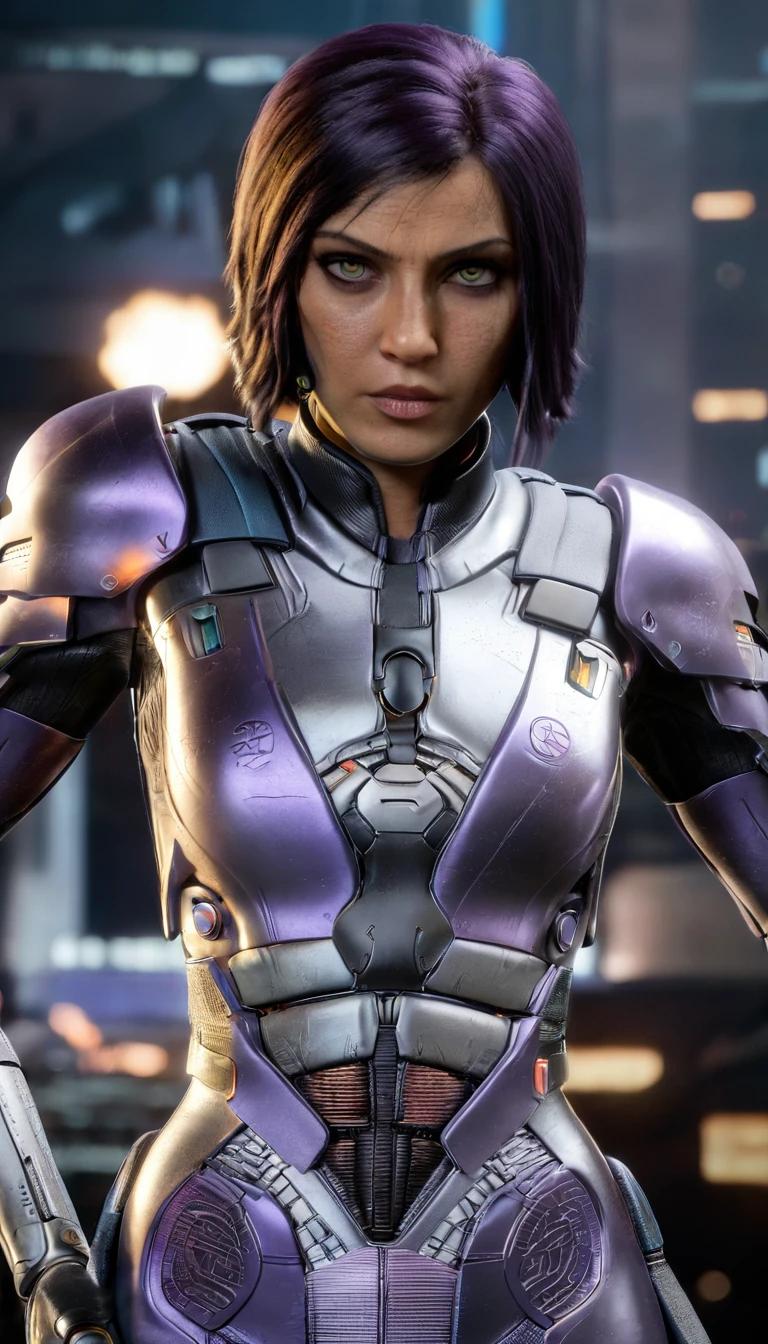 professional 3d model Cinematic scene, sabine wren, SILVER armor (HUGE BREASTS), Ghost in the Shell, detailed background, masterpiece, best quality, high quality, highres, absurdres . octane render, highly detailed, volumetric, dramatic lighting
