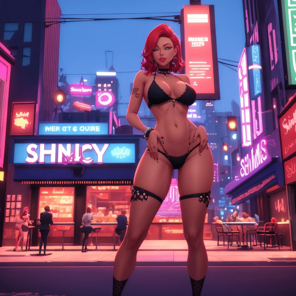 day scene, sims like city, stylized, high quality, strippers club in far background