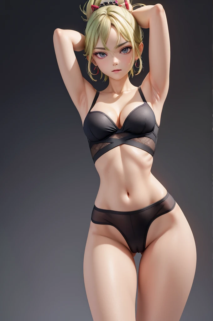 masterpiece, best quality, simple background, black background, 1girl,black black tank top:1.4, bare neck, standing, arms up, medium breasts, cleavage, navel, (long hips:1.4),(narrow waist:1.4), hip bones, groin, (wide hips:0.8), thigh gap, pussy, pussy juice, wear gray sport bra and panty , Brand_Gray_Underwear
