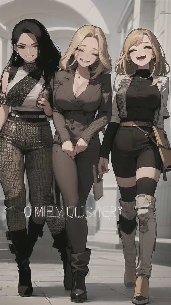 three sexy women walking and looking down at 4 years old boy with blonde hair and shorts, women have flirtatious smiles, women have closed eyes and they laugh, ultra hd