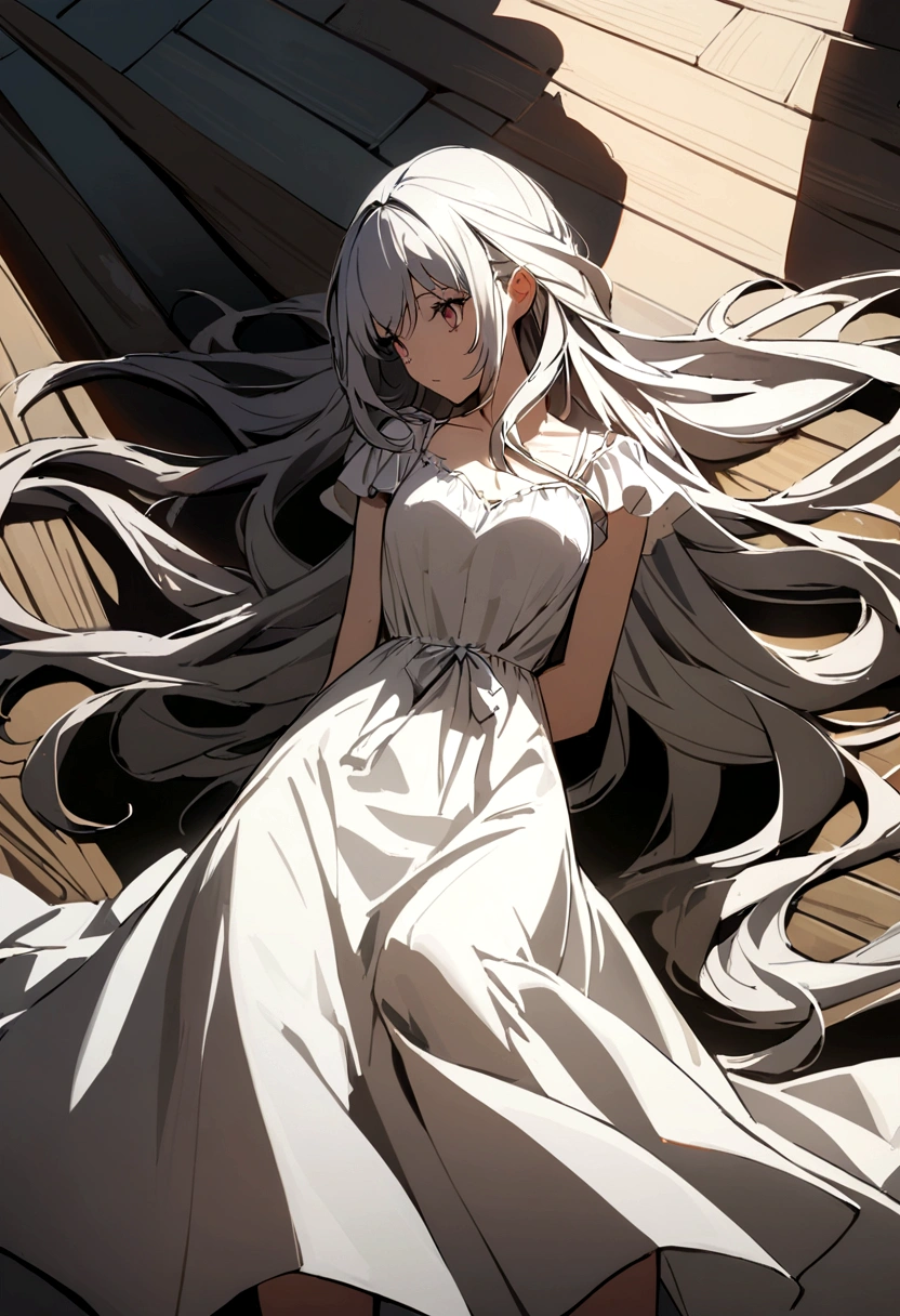 A girl with a casa in a white dress with long hair and a large shadow of an evil snake behind her back