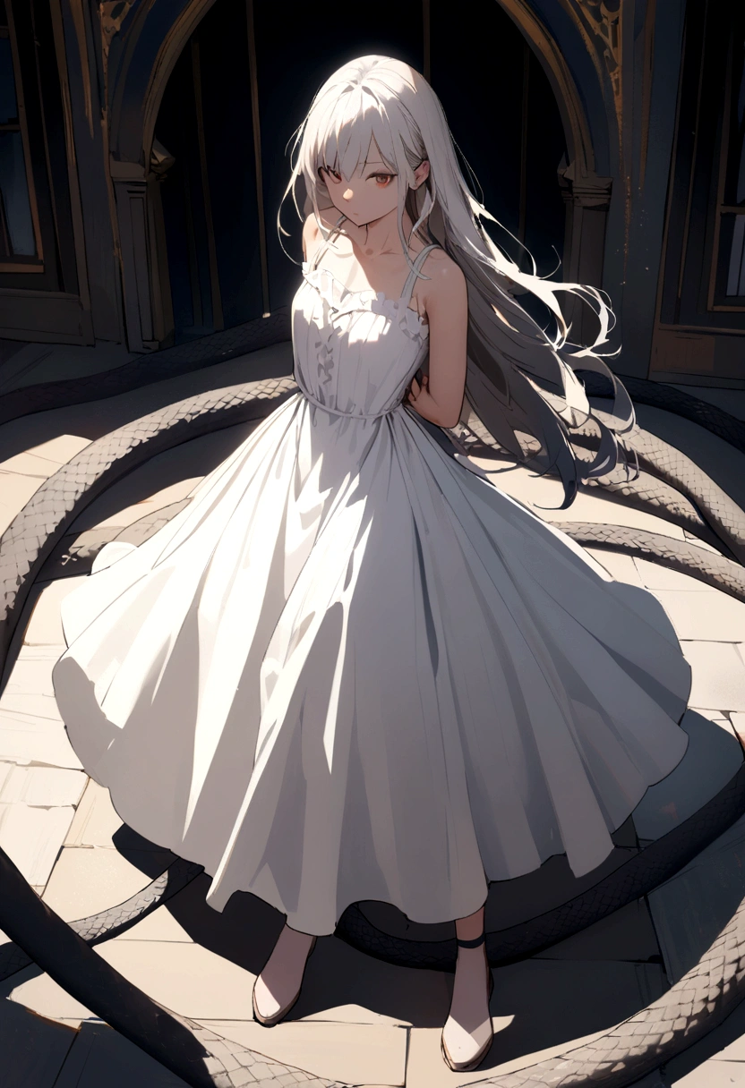 A girl with a casa in a white dress with long hair and a large shadow of an evil snake behind her back