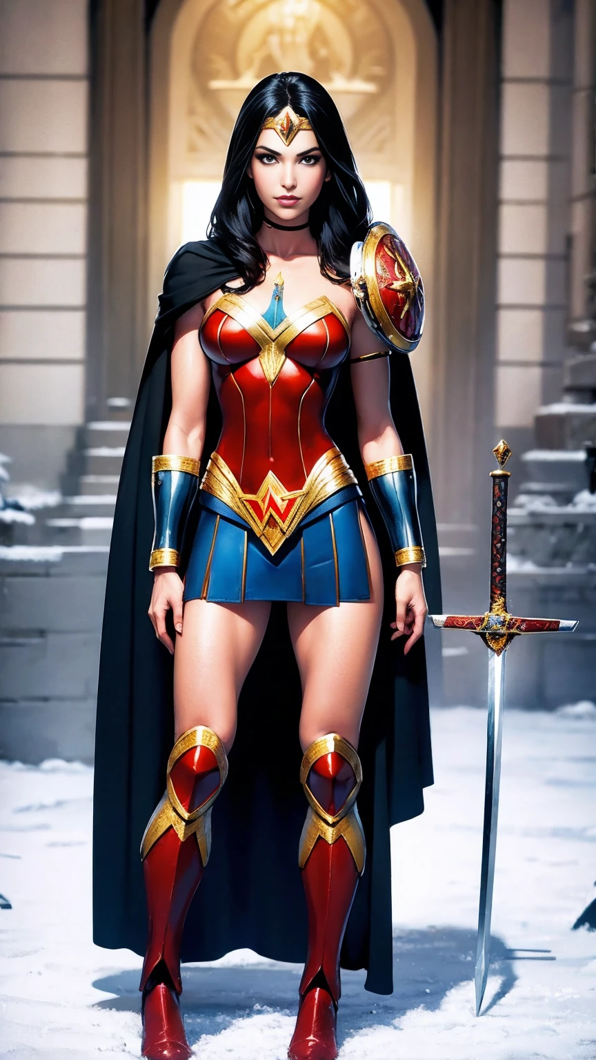 ((full body photo, standing)) masterpiece, best quality, 1girl, veronica, (((full body photo))) 1 girl, Wonder Woman, bracelet, black hair, blurred, armband, breathing, cape, cowboy shot, depth of field, restraint, gun restraint, lasso, looking at viewer , parted lips, pommel, realistic, reverse grip, shield, skirt, snow, neveing, alone, superhero, sword, tiara, toned, weapon, weapon behind back, ((work of art))
