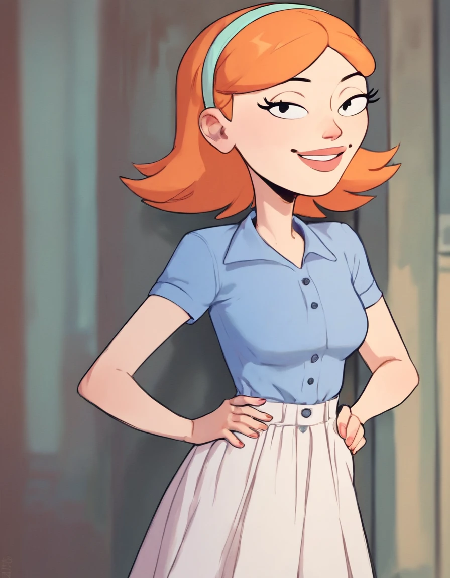 score_9,score_8_up,score_7_up,score_6_up,score_5_up,score_4_up, rating_safe,1 girl, solo, standing, smile, hands on hips, looking on viewer, Jessica, orange hair, hairband, short hair, skirt, blue shirt, black pupils