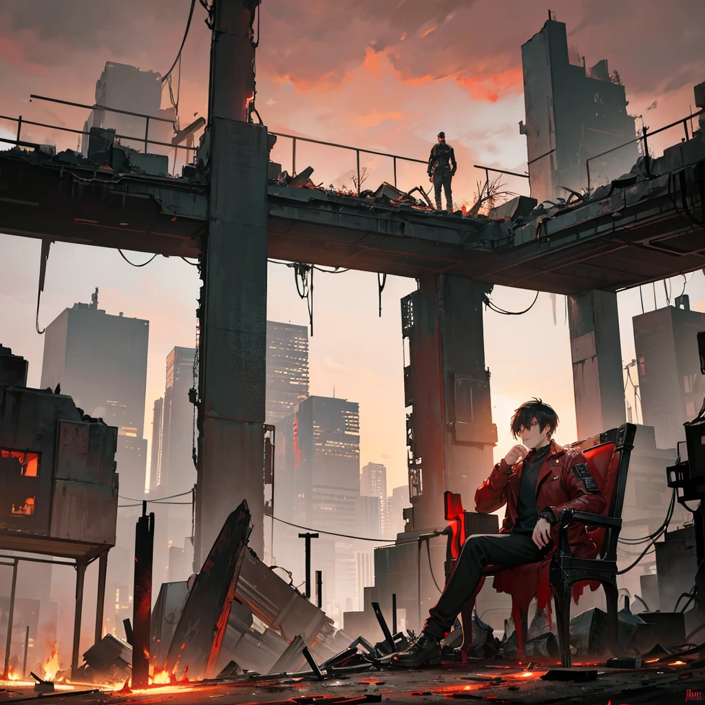 A dystopian scene featuring a young man sitting on a throne-like chair made of brown leather and surrounded by mechanical debris. The character has short black hair and wears a red jumpsuit with a dark shirt underneath. He sits with a determined and intense expression, his hands resting on the armrests. Around him, there are various mechanical parts and remnants of vehicles, particularly motorcycles, giving a post-apocalyptic atmosphere. Behind him, the background features tall, dilapidated buildings against a stark red sky, emphasizing the desolate and chaotic environment. The entire scene conveys a sense of power and dominance amidst ruin and destruction.