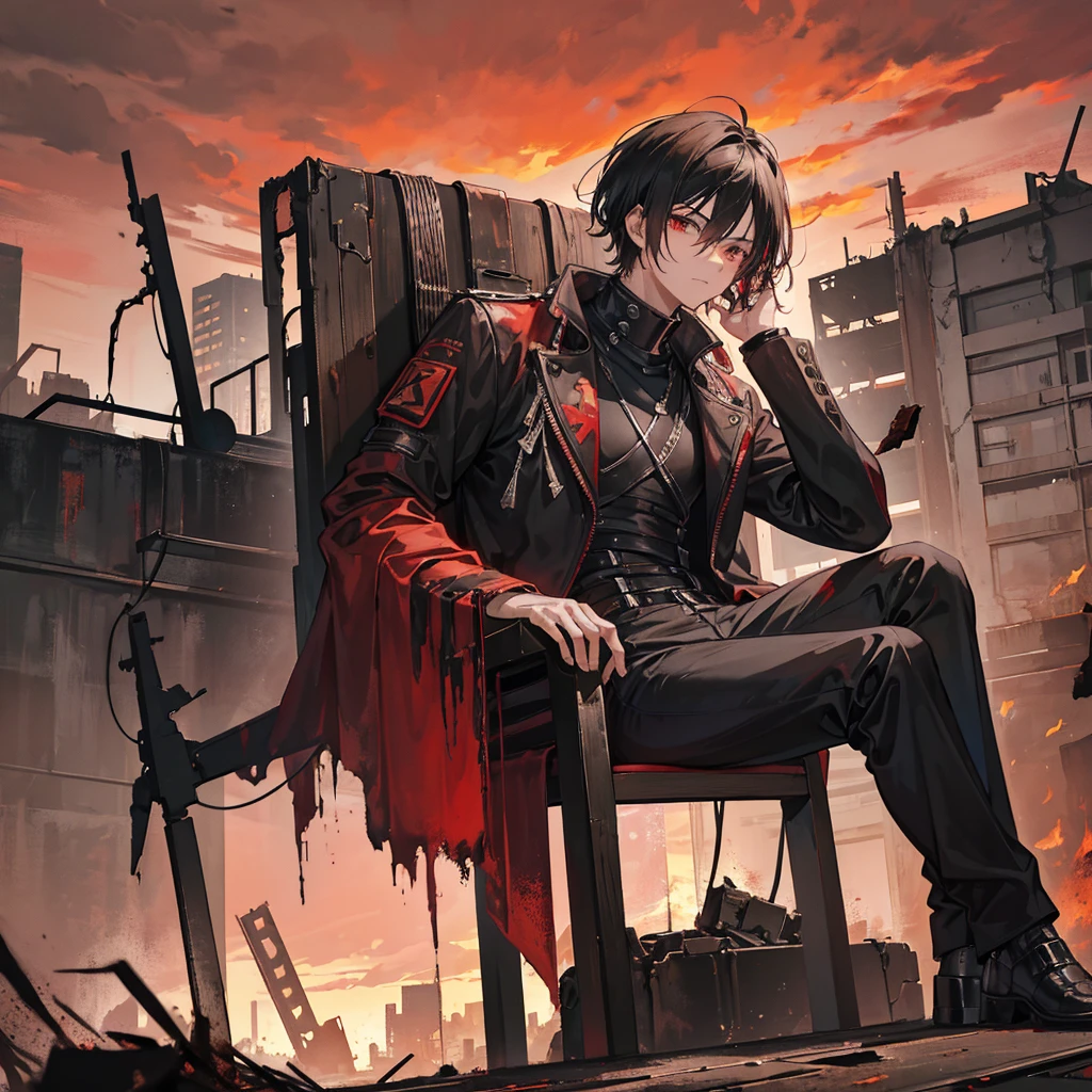 A dystopian scene featuring a young man sitting on a throne-like chair made of brown leather and surrounded by mechanical debris. The character has short black hair and wears a red jumpsuit with a dark shirt underneath. He sits with a determined and intense expression, his hands resting on the armrests. Around him, there are various mechanical parts and remnants of vehicles, particularly motorcycles, giving a post-apocalyptic atmosphere. Behind him, the background features tall, dilapidated buildings against a stark red sky, emphasizing the desolate and chaotic environment. The entire scene conveys a sense of power and dominance amidst ruin and destruction.