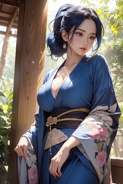 Peacock, beautiful girl, rainbow hair, big breasts, wearing a bare-chested kimono, sexy post, in the garden.