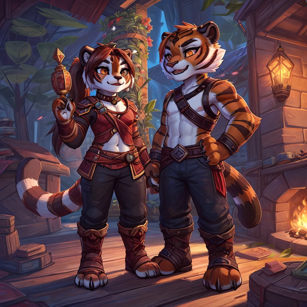 (4fingers), small_round_ears, small_panda_ears, pandaren, world_of_warcraft, furry, anthropomorphic, fluffy_tail, foxtail, cfemale, claws, red_panda, tiger_stripes, tiger_face, flat_chested,  teenager, amber_eyes, (pupils), (tiger_legs), black_left_foot, white_right_foot, (four_fingers), waist_long_ponytail, brown_hair, ((three_toes)), ((3toes)), ((detailed_eyes)), ((detailed_face)), detailed_hands, simple clothes, simple outfits, shirt, pants, boots, couple, height difference, civilian clothing,