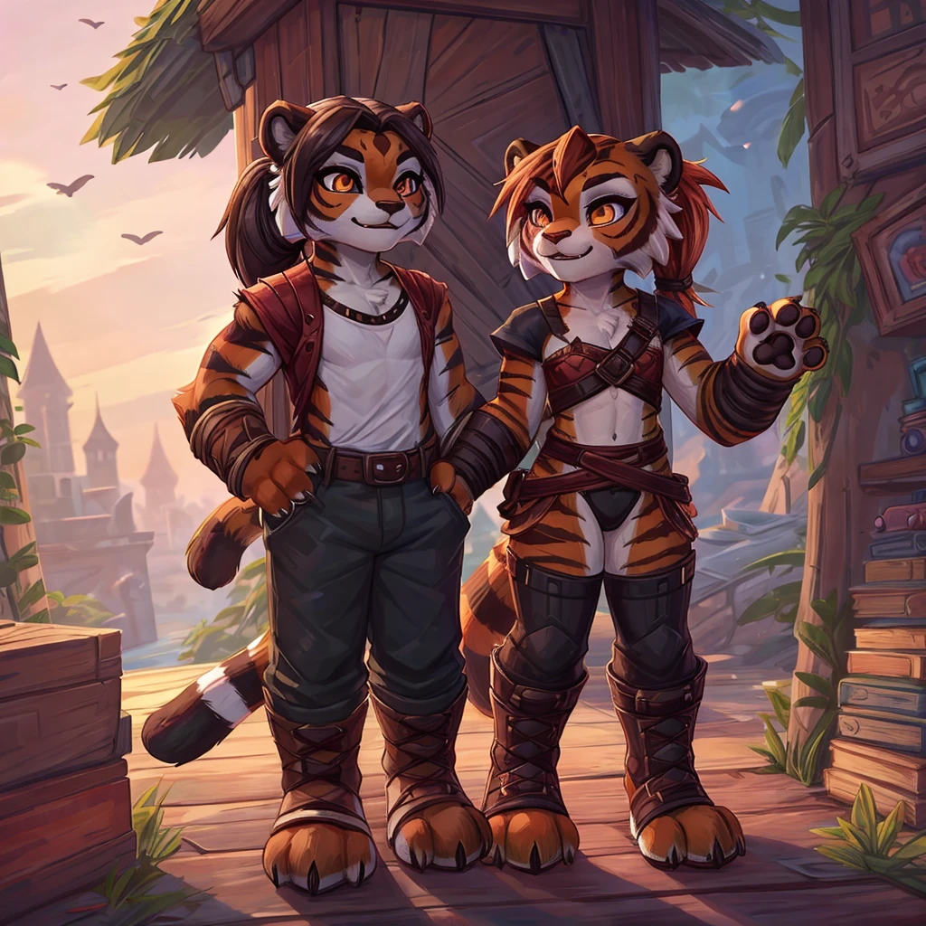 (4fingers), small_round_ears, small_panda_ears, pandaren, world_of_warcraft, furry, anthropomorphic, fluffy_tail, foxtail, cfemale, claws, red_panda, tiger_stripes, tiger_face, flat_chested,  teenager, amber_eyes, (pupils), (tiger_legs), black_left_foot, white_right_foot, (four_fingers), waist_long_ponytail, brown_hair, ((three_toes)), ((3toes)), ((detailed_eyes)), ((detailed_face)), detailed_hands, simple clothes, simple outfits, shirt, pants, boots, couple, height difference, civilian clothing,