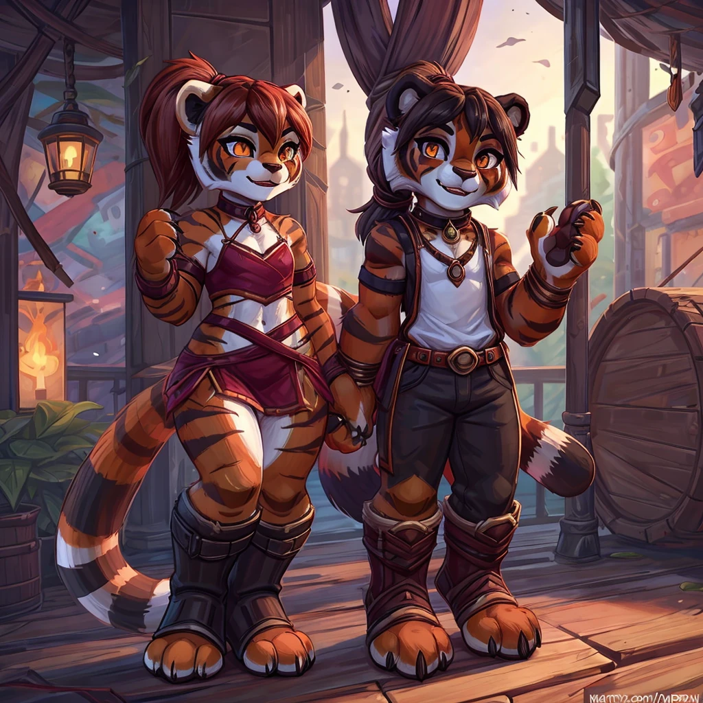 (4fingers), small_round_ears, small_panda_ears, pandaren, world_of_warcraft, furry, anthropomorphic, fluffy_tail, foxtail, cfemale, claws, red_panda, tiger_stripes, tiger_face, flat_chested, teen, teenager, amber_eyes, (pupils), (tiger_legs), black_left_foot, white_right_foot, (four_fingers), waist_long_ponytail, brown_hair, ((three_toes)), ((3toes)), ((detailed_eyes)), ((detailed_face)), detailed_hands, simple clothes, simple outfits, shirt, pants, boots, couple, height difference, civilian clothing,