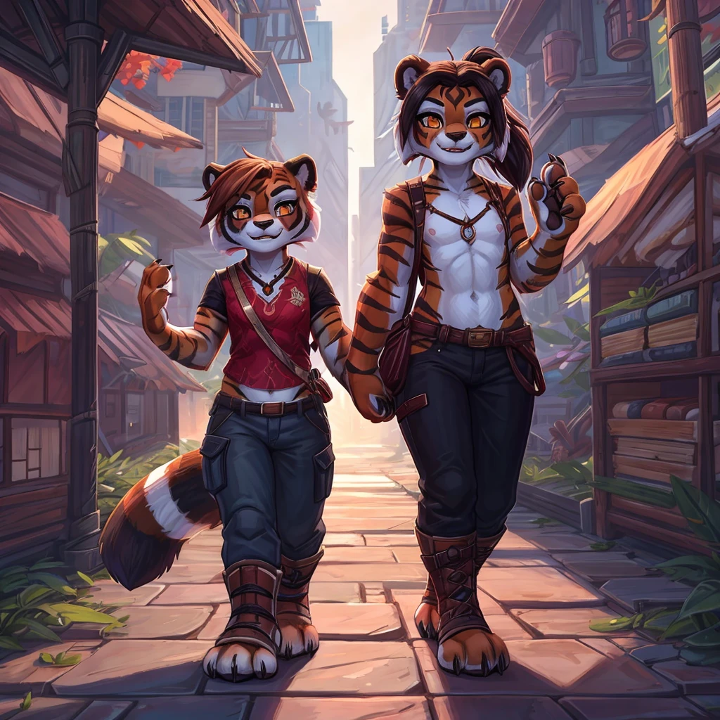 (4fingers), small_round_ears, small_panda_ears, pandaren, world_of_warcraft, furry, anthropomorphic, fluffy_tail, foxtail, cfemale, claws, red_panda, tiger_stripes, tiger_face, flat_chested, teen, teenager, amber_eyes, (pupils), (tiger_legs), black_left_foot, white_right_foot, (four_fingers), waist_long_ponytail, brown_hair, ((three_toes)), ((3toes)), ((detailed_eyes)), ((detailed_face)), detailed_hands, simple clothes, simple outfits, shirt, pants, boots, couple, height difference, civilian clothing,