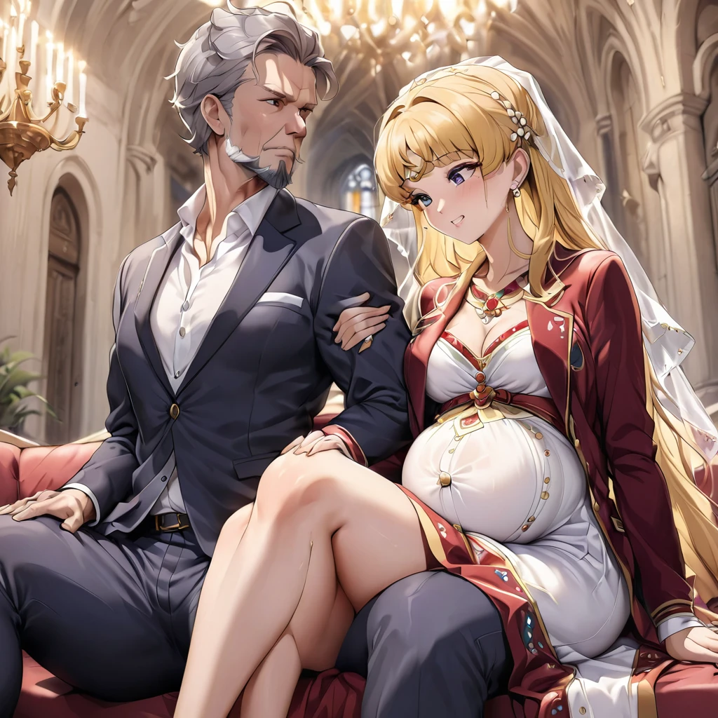 ((Highest quality)), ((masterpiece)), (detailed), （Perfect Face）、The woman is an Italian named Tsukino Usagi, and is wearing a gorgeous and dazzling Italian traditional Sardinian costume in an Italian church, a lavishly decorated velvet jacket, a long veil, gorgeous jeweled accessories, and an engagement ring. The woman and the man are sitting on a luxurious, large sofa in a luxurious room, and the woman is being held in the arms of a dignified and strong Italian middle-aged man with a beard.、The woman is the elegant Tsukino Usagi, with long blonde hair in a chignon twin tail. The woman is an Italian bridal dress, wearing a velvet jacket decorated with Sardinian national costumes and a long veil.、the woman is pregnant