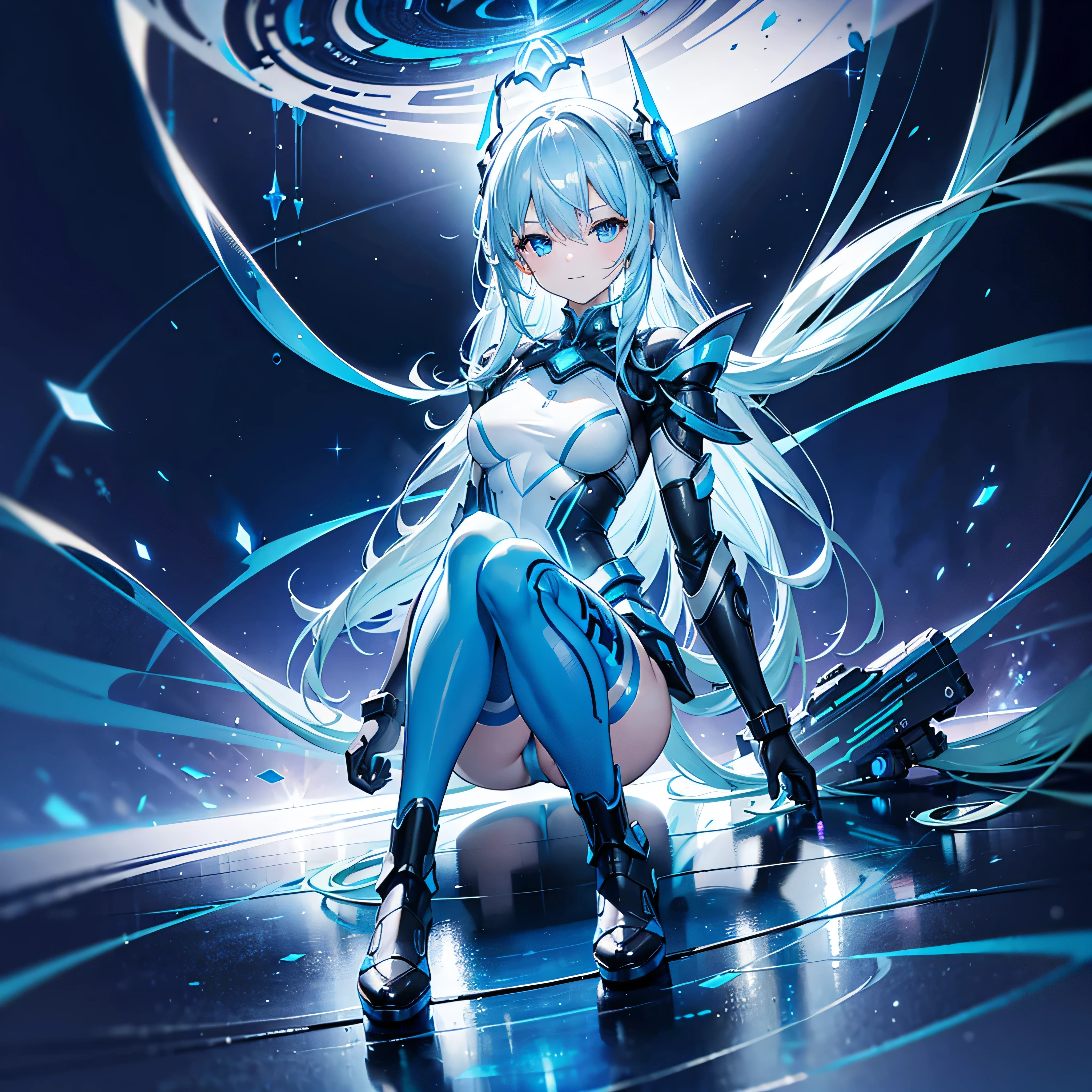 8K, Highest quality, (real:1.4), Original photo, 1 girl, Asari Hair, Biological Amplifier, Very sleek and futuristic armor, posture: Peace talks between warring factions,,attention arousal, smart blue eyes,A modest smile,Knee-high boots,Patent-look blue tights,Blue big moon and blue light swirl in the background,Blue light from behind,blue light magic,A small, glowing blue ball in the palm of your hand,Blue flame swirl,Blue Comet,Polished floor,
