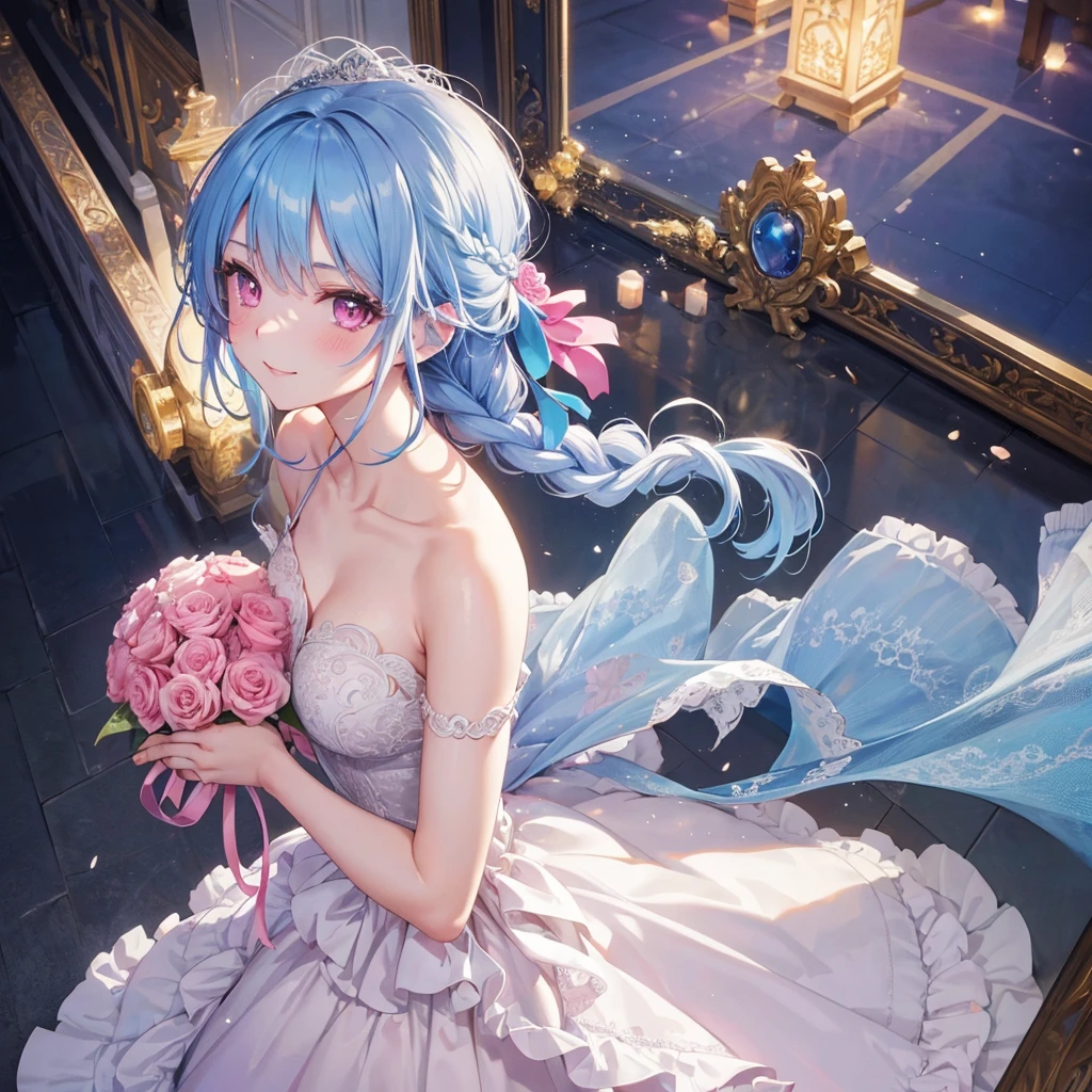 Sky blue hair, (Braided Ponytail),(Pink Eyes),Fair skin ,(whole body),(One girl),bride,A big smile,Straight bangs, 6月のbride,Wedding dress,(masterpiece, Highest quality, Very detailed, Best Shadow), (Detailed Background), (Beautifully detailed face), High Contrast, (Best lighting, Very delicate and beautiful), ((Cinematic Light)), colorful, Hyper Detail, Dramatic Light, Intricate details,Chapel background,Bouquet of roses,Ring on left ring finger,