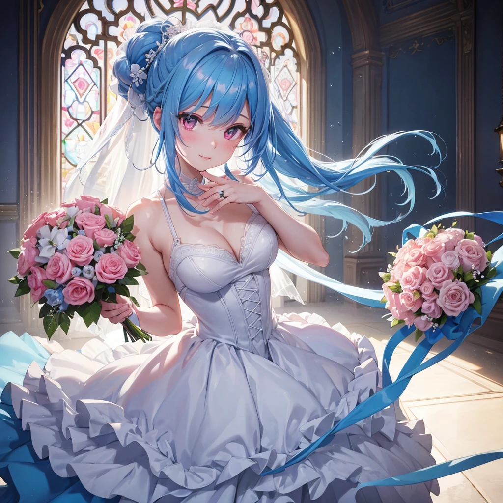 Sky blue hair, (One braided ponytail),(Pink Eyes),Fair skin ,(whole body),(One girl),bride,A big smile,Straight bangs, 6月のbride,Wedding dress,(masterpiece, Highest quality, Very detailed, Best Shadow), (Detailed Background), (Beautifully detailed face), High Contrast, (Best lighting, Very delicate and beautiful), ((Cinematic Light)), colorful, Hyper Detail, Dramatic Light, Intricate details,Chapel background,A bouquet of roses in the right hand,Ring on left ring finger,
