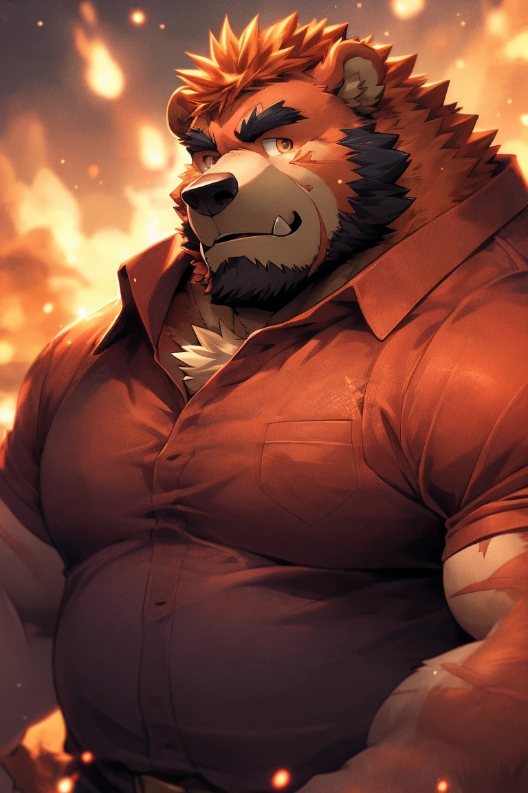 human nature, Wildlife, male,36 years old,Uncle, solitary, ((Round Face, The face is plump,Orange eyes,Thick orange hair,With scars)), ((Endomorph, Handsome,Hot Blood)), (Mecha suit,No electricity,exhaustion), ((domestic 熊, Bear Orc,) Fluffy fur, Fluffy), Bokeh, (high quality, high resolution, masterpiece), (Dynamic Lighting, Vibrant colors), (Revitalize,harm,Disdain), Full body picture (close up), cartoon, author:Takemoto Arashi, From zixiong, By Chunni, author:Empty Ghost,(background:Rainy forest)