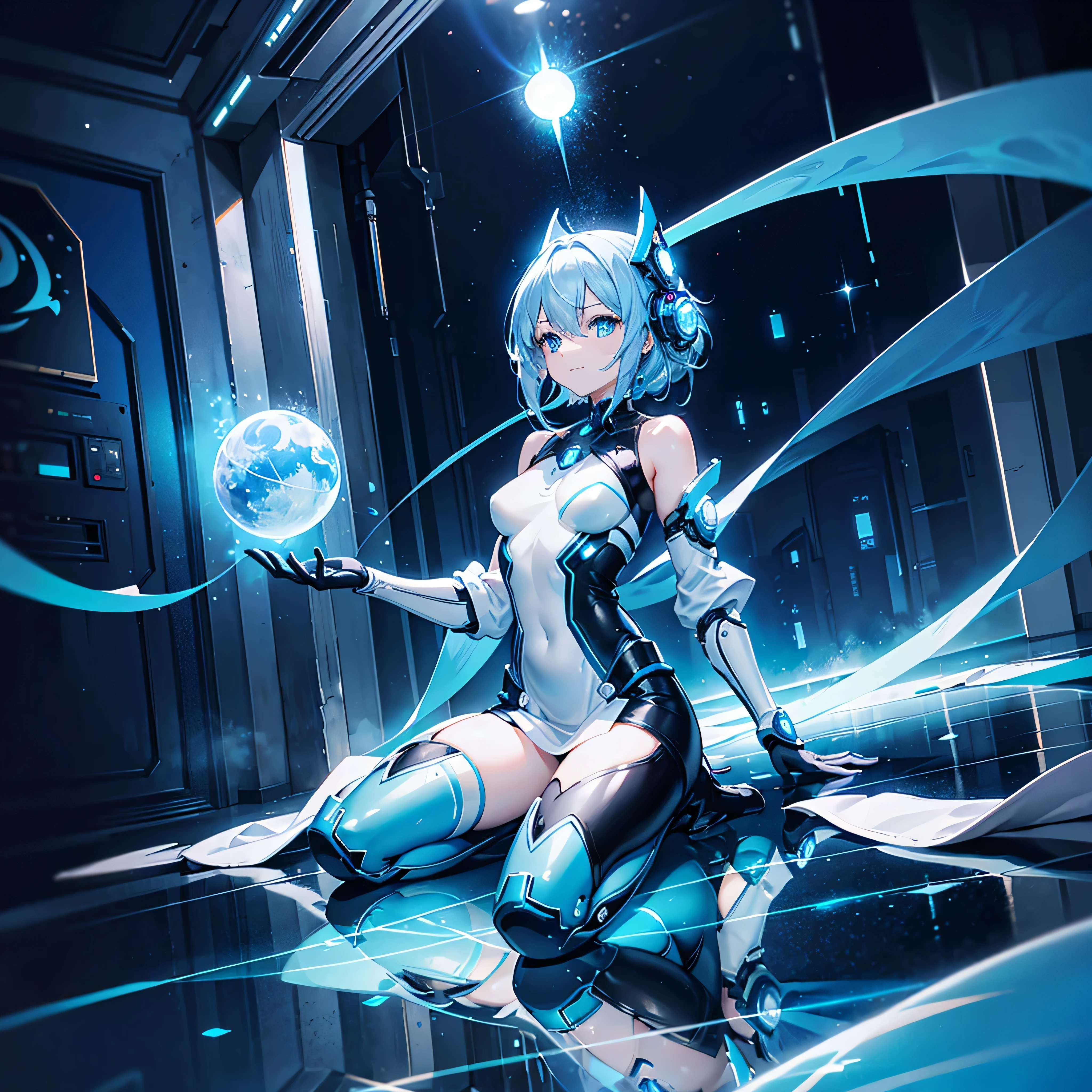 8K, Highest quality, (real:1.4), Original photo, 1 girl, Asari Hair, Biological Amplifier, Very sleek and futuristic armor, posture: Peace talks between warring factions,,attention arousal, smart blue eyes,A modest smile,Knee-high boots,Patent-look blue tights,Blue big moon and blue light swirl in the background,Blue light from behind,blue light magic,A small, glowing blue ball in the palm of your hand,Blue flame swirl,Blue Comet,Polished floor,