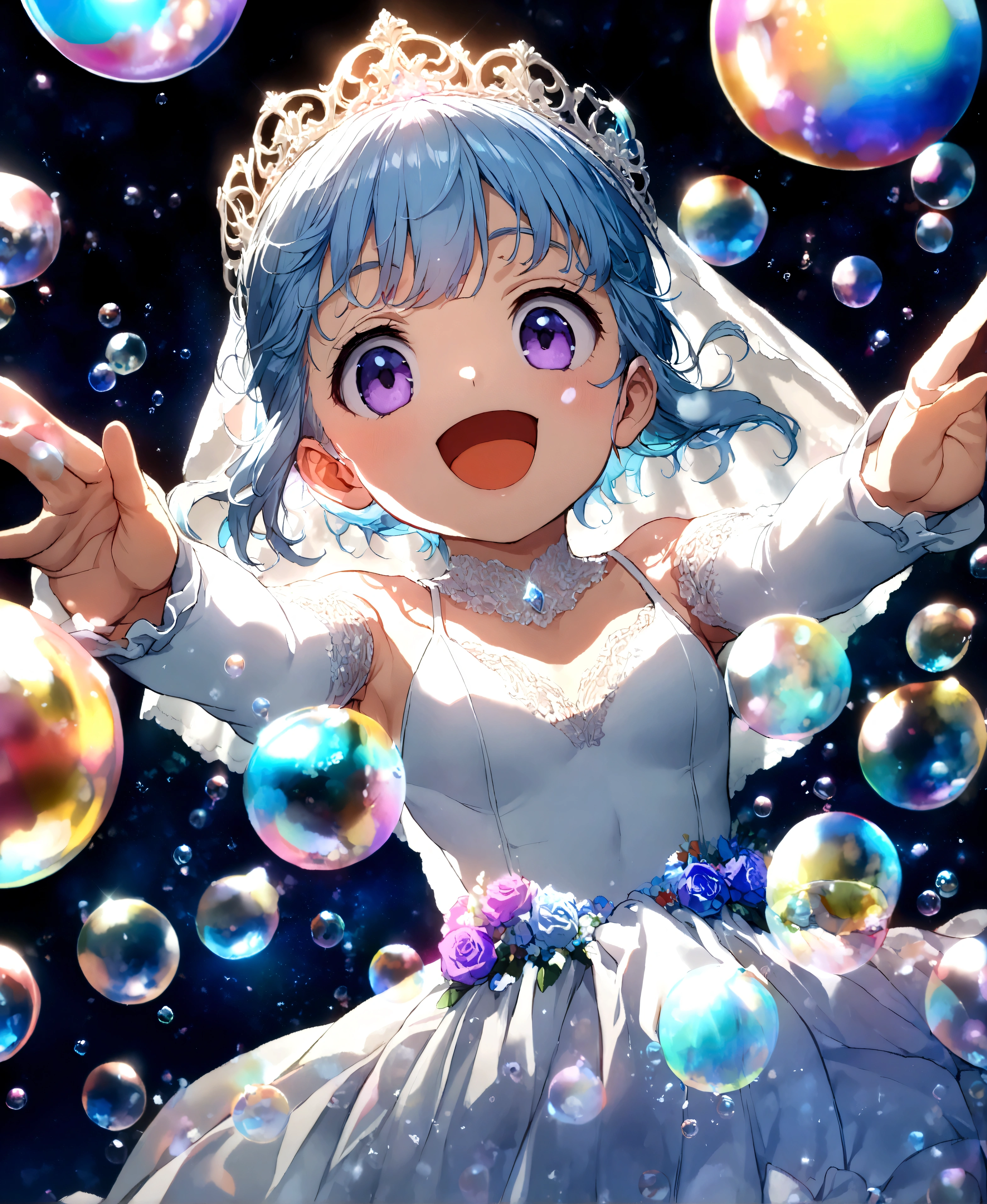 ((32k)), ((best quality)), ((ultra high res)), ((HDR)), ((UHD)), ((extremely detailed CG)), ((unity 32k wallpaper)), (((beautiful ))), (((10 years(((beautiful face))), (((white bikini))), ((((Wedding dress)))), light blue hair, purple eyes, ((cowboy shot)), ((((lots of floating bubbles)))), ((((colorful floating bubbles)))), ((((close up)))), (((night))), (((large breasts))), (((open mouth))), ((((body floating)))), (peer in from below), (smile), 