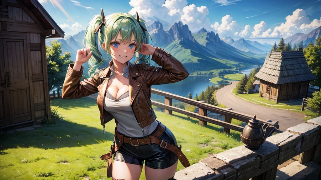 1girl, solo, full body, village, houses, horse, trees, sun, clouds, fantasy, medieval, ((pale green hair)), twintail, huge breasts, ((brown leather jacket)), brown leather shorts, ((leather clothes)), cleavage 1:3, blue eyes, skirt, grin, looking at the viewer, standing, hair clip, golden necklate, hand on hip, bow