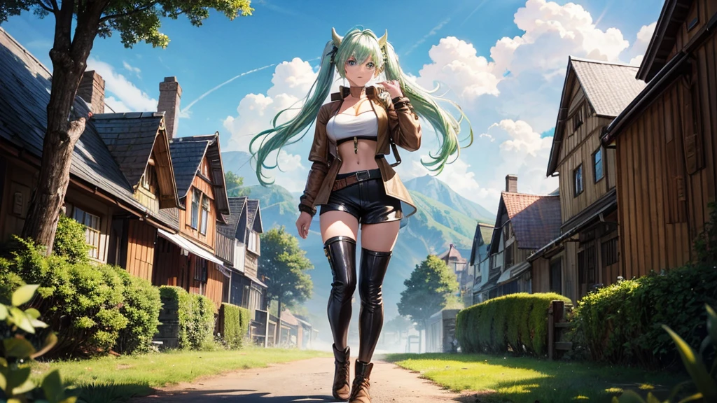 1girl, solo, full body, village, houses, horse, trees, sun, clouds, fantasy, medieval, ((pale green hair)), twintail, huge breasts, ((brown leather jacket)), brown leather shorts, ((leather clothes)), cleavage 1:3, blue eyes, skirt, grin, looking at the viewer, standing, hair clip, golden necklate, hand on hip, bow