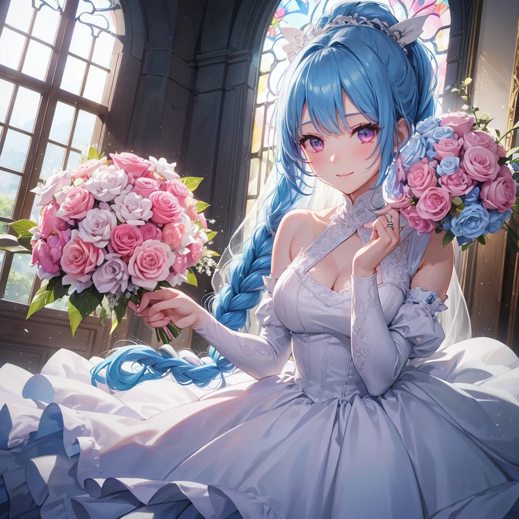 Sky blue hair, (One braided ponytail),(Pink Eyes),Fair skin ,(whole body),(One girl),bride,A big smile,Straight bangs, 6月のbride,Wedding dress,(masterpiece, Highest quality, Very detailed, Best Shadow), (Detailed Background), (Beautifully detailed face), High Contrast, (Best lighting, Very delicate and beautiful), ((Cinematic Light)), colorful, Hyper Detail, Dramatic Light, Intricate details,Chapel background,A bouquet of roses in the right hand,Ring on left ring finger,