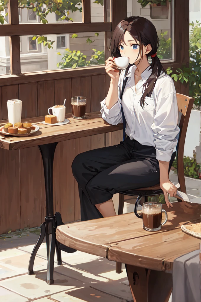 Drinking coffee one's home With dog There is a donut on the table Light red hair Cute Girls Carpeting Sitting on the sofa Middle school students