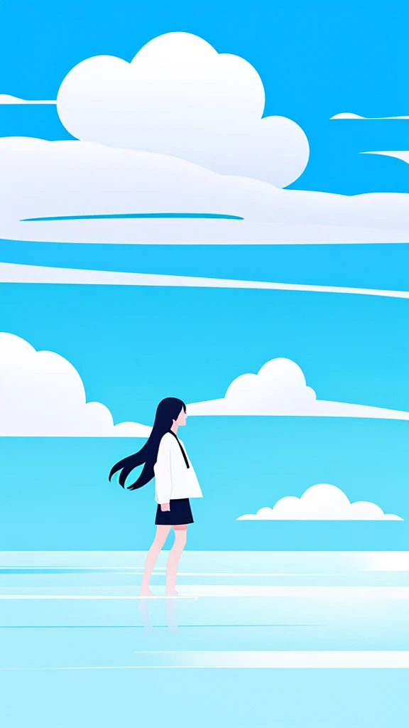 Minimalism,One girl, beautiful, blue sky,cloud,Long Hair