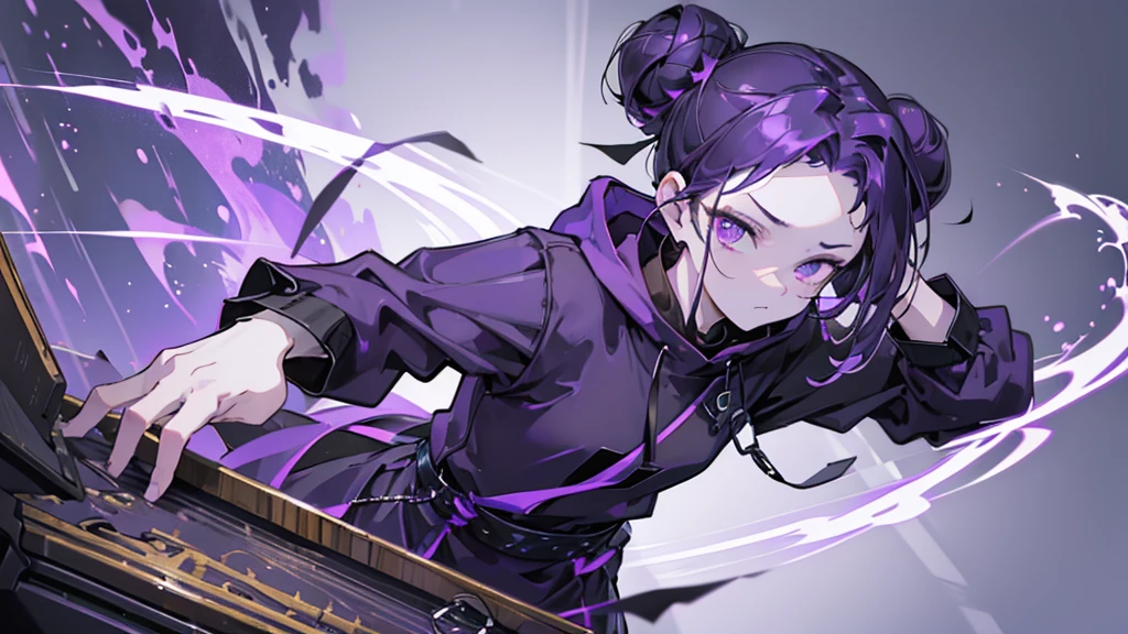 boy. thoughtful look. open forehead. black and purple hair tied in a bun on the left side to one side. sinuous black horns wrapped in dark purple ribbon. pale violet eyes. in short dark purple shorts. long white T-shirt. dark purple knee-high socks. dark_purple long coat with hood. древние dark_purple stone walls purple light from lamps on an old piano