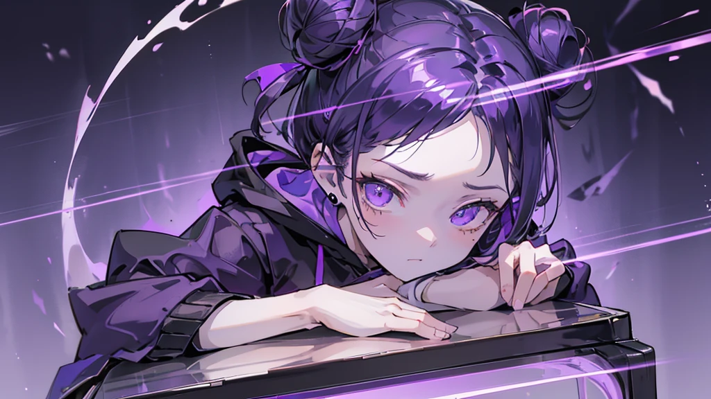 boy. thoughtful look. open forehead. black and purple hair tied in a bun on the left side to one side. sinuous black horns wrapped in dark purple ribbon. pale violet eyes. in short dark purple shorts. long white T-shirt. dark purple knee-high socks. dark_purple long coat with hood. древние dark_purple stone walls purple light from lamps on an old piano