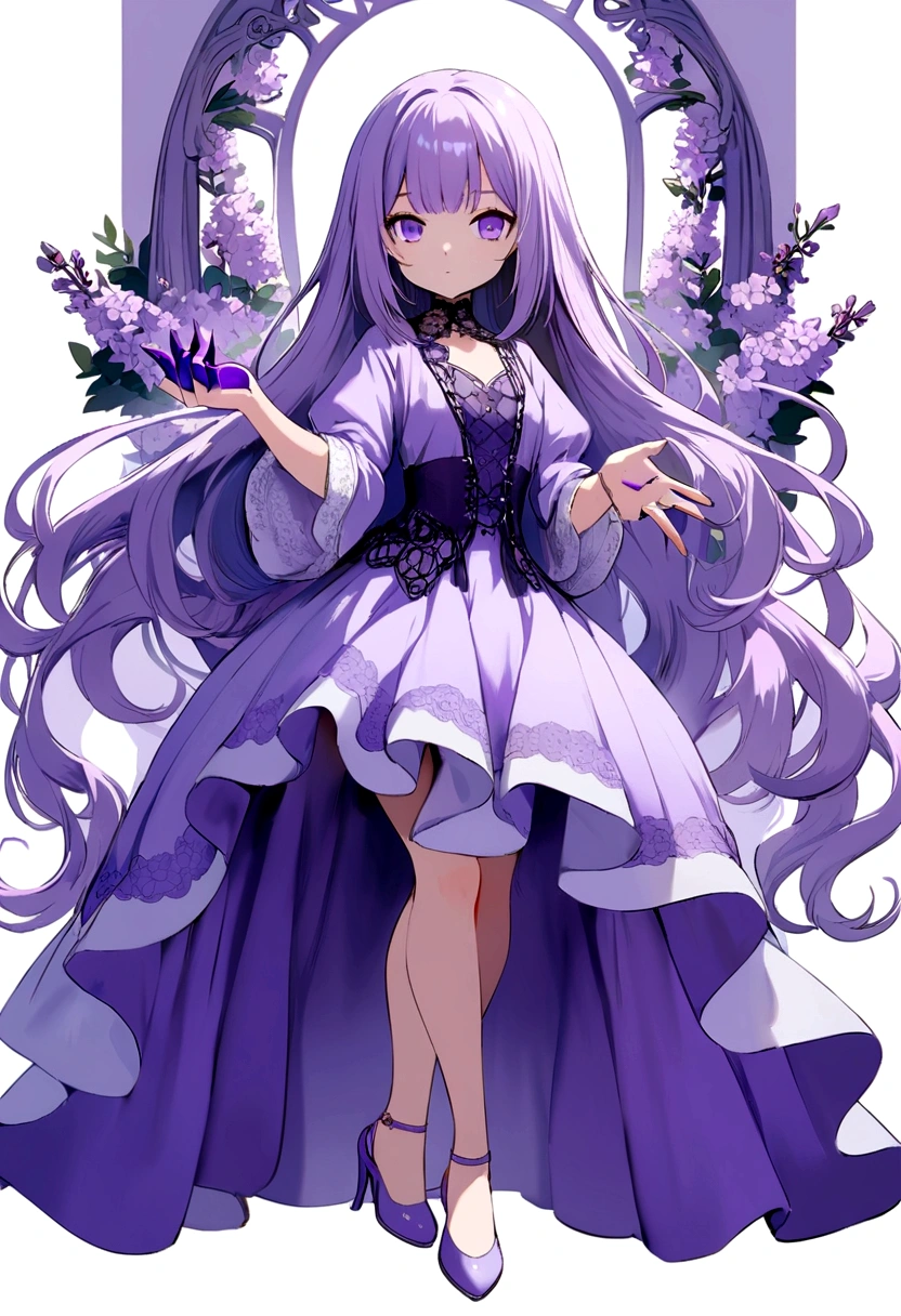 cute stoic girl with long lilac hair, purple eyes, lilac shirt, lilac skirt, lilac heels, with a purple claw on her hand, no background