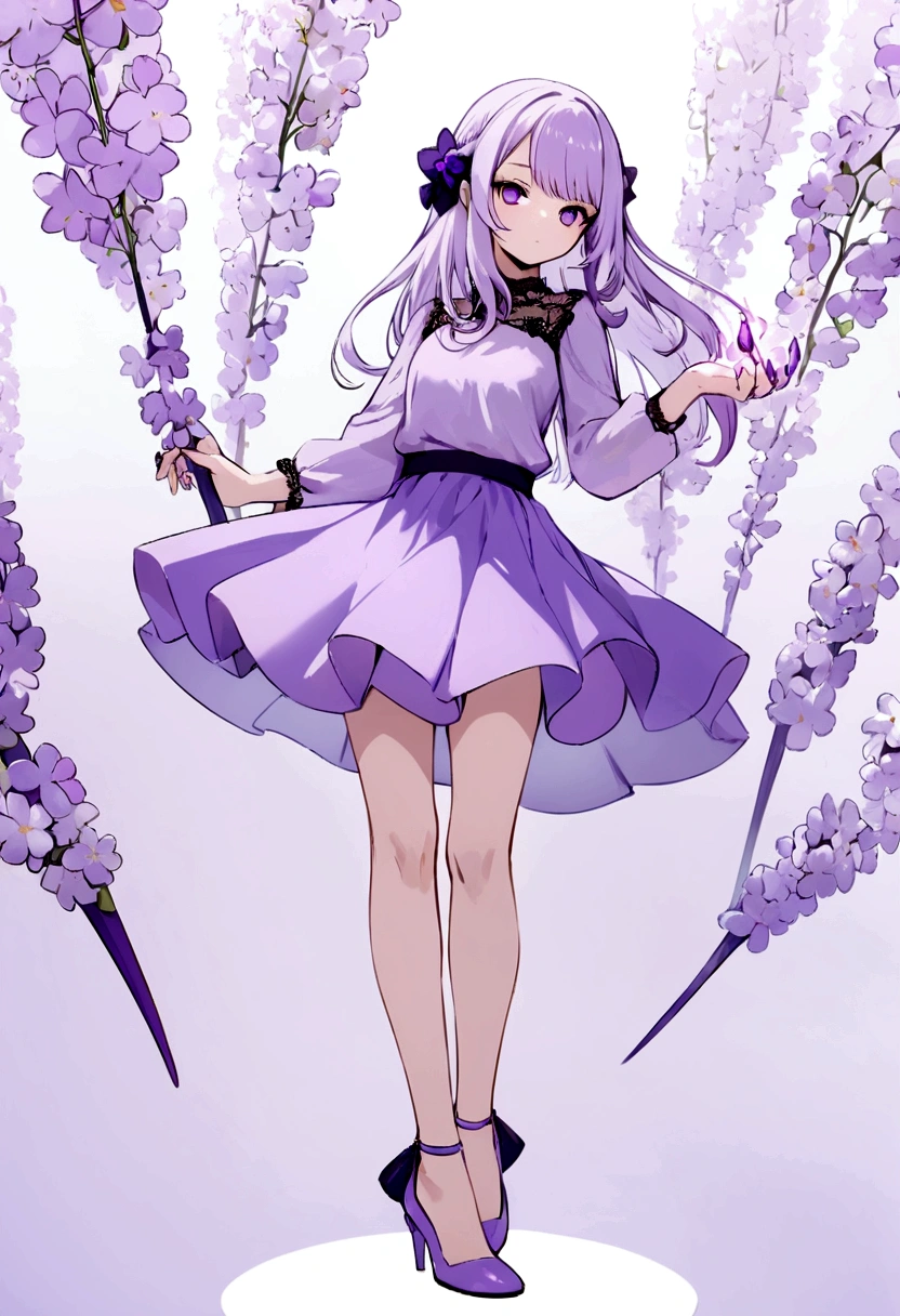 cute stoic girl with long lilac hair, purple eyes, lilac shirt, lilac skirt, lilac heels, with a purple claw on her hand, no background
