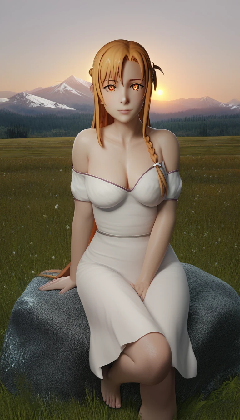 score_9, score_8_up, score_7_up, score_6_up, uncensored, asuna yuuki from sword art online, orange hair, fold, braid, long hair, orange eyes, BREAK (masterpiece:1.2), best quality, high resolution, (detailed eyes:1.3), perfect lighting, (perfect hands, perfect anatomy),1girl, grass, solo, barefoot, sitting, breasts, mountain, sunset, dress, bare_shoulders, outdoors, looking_at_viewer, off_shoulder, field, sky, lake, collarbone, mountainous_horizon, indian_style, twilight, tree, black_dress, large_breasts, scenery, medium_breasts, feet, off-shoulder_dress, rock,