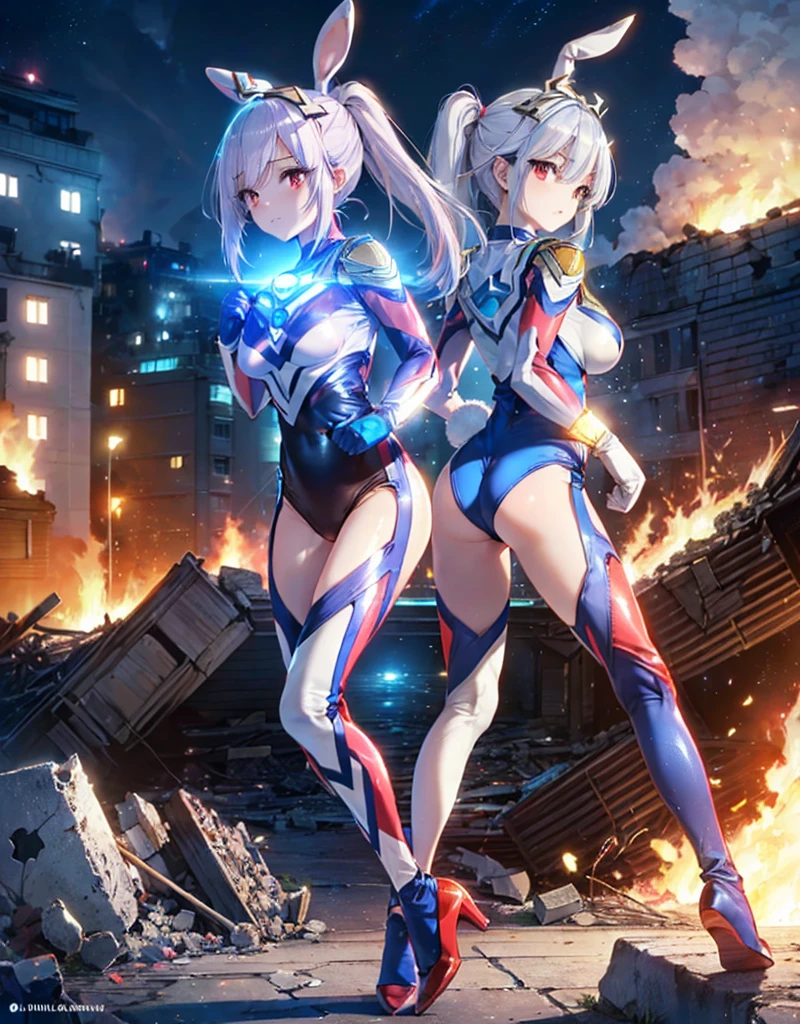 Realistic,Highest quality, Ultra Detail, High-quality CG rendering, The most delicate and beautiful, Floating softly, High resolution, (1 giant girl), (Highest quality,4K,8K,masterpiece:1.2), Light purple hair,(Bunny ears:1.5),(Very long ponytail:1.5),Red eyes,(Ultra Girl:1.0),(All blue Ultraman bodysuit:1.5),(All blue gloves:1.5),(All blue shoes:1.5),(Do not expose your skin:1.4),(Slightly larger breasts:1.5),(Clenched Fist:1.2),(Place your hands in front of your chest:1.3),(Red gloves:1.3),(Red Shoes:1.3),(whole body:1.3),(Are standing:1.3),(A city engulfed in flames:1.3),(Buildings in flames:1.3),(Burning Ruins:1.3),(Fighting Pose:1.3),(Turn your back to your audience:1.3),Butt