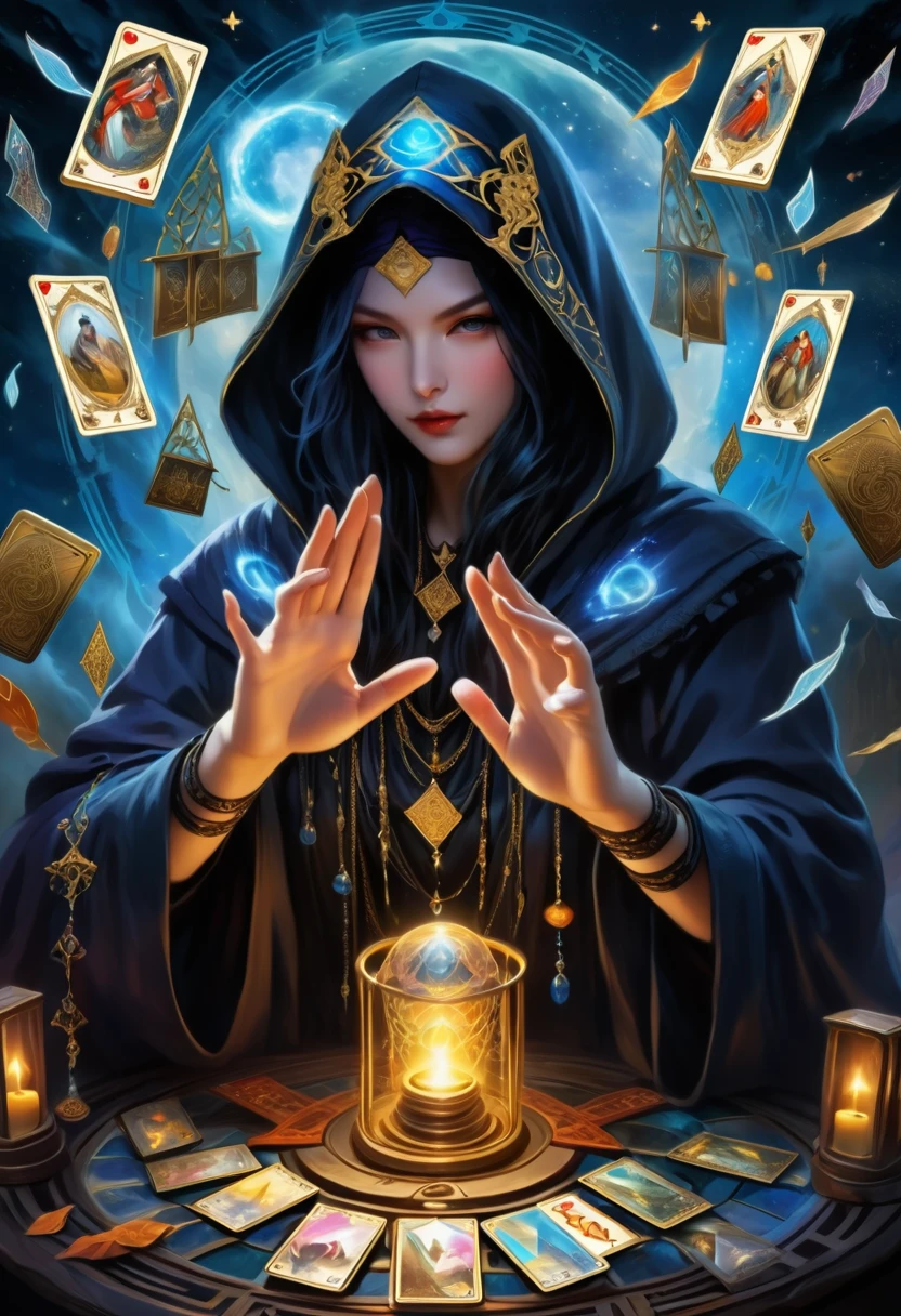 onmyoji,Metal photo frame,card,tarot cards:1.37.Mysterious fortune teller wearing hood,Finger taps an array of tarot cards in the air,Symbols and mystical elements,ancient mysterious atmosphere,Realistic illustrative details,Vibrant and energetic composition,estilo dark,Gothic style