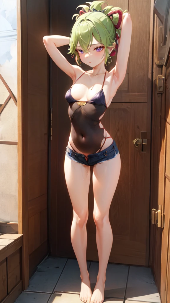 masterpiece,  best quality, highly detailed, 1girl, bare neck, standing, arms up, small breasts, cleavage, navel, narrow waist:0.8, hip bones, groin, wide hips:0.8 , shower,  thigh gap, pussy juice, kuki shinobu, string bikini,  denim shorts, open fly