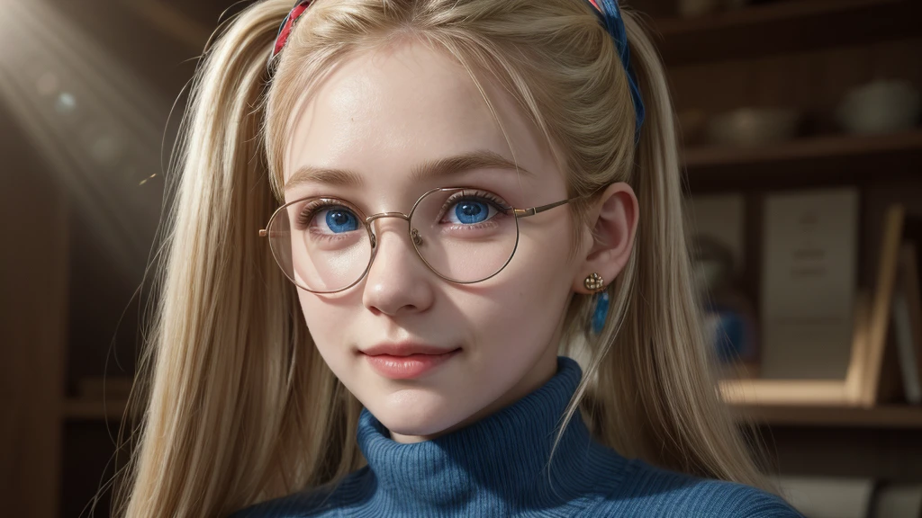 A girl, 20 years, with very long blonde hair, with two ponytails, blue eyes, round face, small nose, small mouth, thick lips, Small ears, dressed in a blue turtleneck sweater, with a plaid skirt, with red ribbons in her hair, in a house in the forest, with crystal rose earrings in her ears, with round glasses, smiley, Ray Tracing, glowing light, god rays, cinematic lighting, depth of field, Close-up, 16k, 8k, highres, best quality, award winning, high details, high quality, super detail, textured skin, anatomically correct, masterpiece