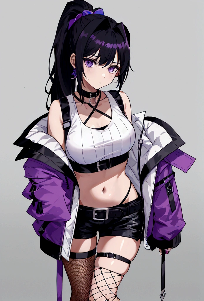 Ponytail, black mask, school uniform, purple eyes, big breasts, white underwear, misaligned bra, panties that have been taken off, upper body close-up, angry expression, blush