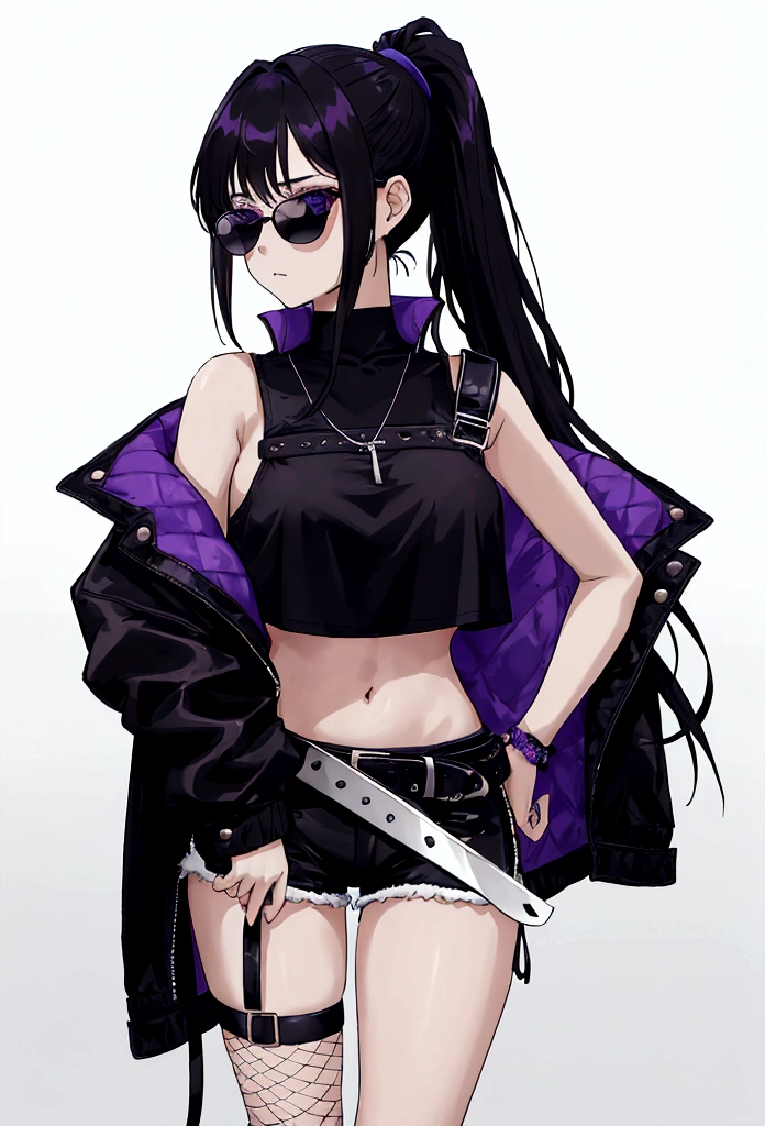 young girl, who wears a short jacket and a crop top, covering her upper body, exposing the navel. She also wears black buttonless shorts with a decorative piece of black and purple fabric, which hangs from the back, and also a white belt, with a gaming console attached to his hip. She has purple sunglasses on her head, , which she ties her hair into a loose ponytail. She also wears a pair of black ones, white and blue shoes, and also a knife, attached to her right leg, and short fishnets on the left calf. Besides, she has blue bandages on her left knee and lower back.