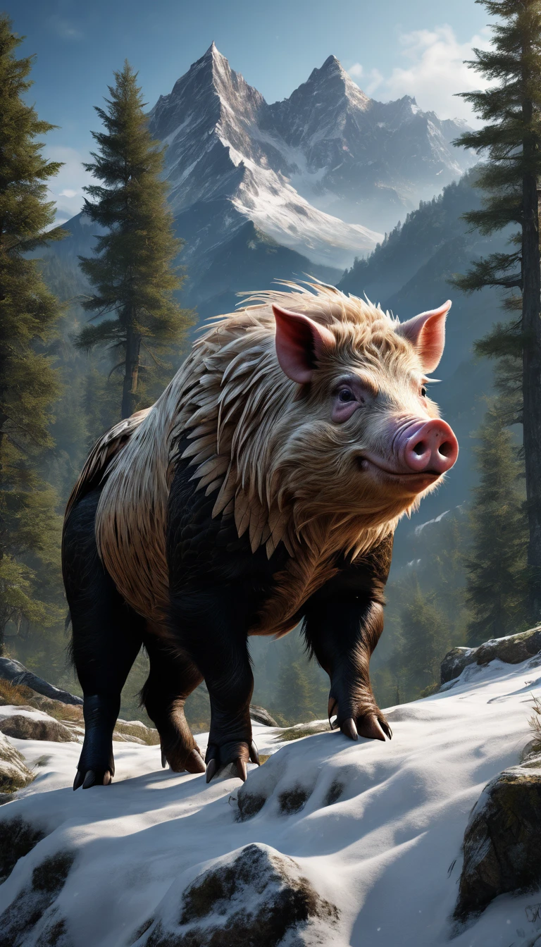 Mountains and forests,There is a kind of beast,Looks like a pig,The claws of an eagle,(best quality,4K,8K,High level,masterpiece:1.2),Ultra Detailed,(lifelike,Photo real,Photo real:1.37),Highly detailed animals,Realistic lighting,Fantasy Creatures