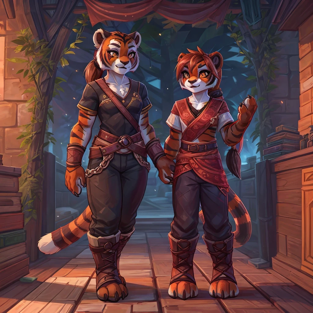 (4fingers), small_round_ears, small_panda_ears, pandaren, world_of_warcraft, furry, anthropomorphic, fluffy_tail, foxtail, cfemale, claws, red_panda, tiger_stripes, tiger_face, flat_chested, teen, teenager, amber_eyes, (pupils), (tiger_legs), black_left_foot, white_right_foot, (four_fingers), waist_long_ponytail, brown_hair, ((three_toes)), ((3toes)), ((detailed_eyes)), ((detailed_face)), detailed_hands, simple clothes, simple outfits, shirt, pants, boots, couple, height difference, civilian clothing,