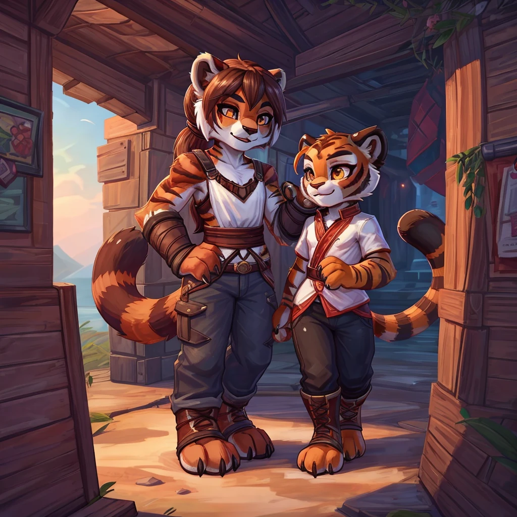 (4fingers), small_round_ears, small_panda_ears, pandaren, world_of_warcraft, furry, anthropomorphic, fluffy_tail, foxtail, cfemale, claws, red_panda, tiger_stripes, tiger_face, flat_chested,  teenager, amber_eyes, (pupils), (tiger_legs), black_left_foot, white_right_foot, (four_fingers), waist_long_ponytail, brown_hair, ((three_toes)), ((3toes)), ((detailed_eyes)), ((detailed_face)), detailed_hands, simple clothes, simple outfits, shirt, pants, boots, couple, height difference, civilian clothing,