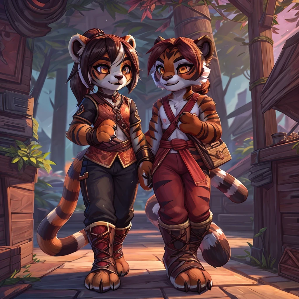 (4fingers), small_round_ears, small_panda_ears, pandaren, world_of_warcraft, furry, anthropomorphic, fluffy_tail, foxtail, cfemale, claws, red_panda, tiger_stripes, tiger_face, flat_chested, teen, teenager, amber_eyes, (pupils), (tiger_legs), black_left_foot, white_right_foot, (four_fingers), waist_long_ponytail, brown_hair, ((three_toes)), ((3toes)), ((detailed_eyes)), ((detailed_face)), detailed_hands, simple clothes, simple outfits, shirt, pants, boots, couple, height difference, civilian clothing,