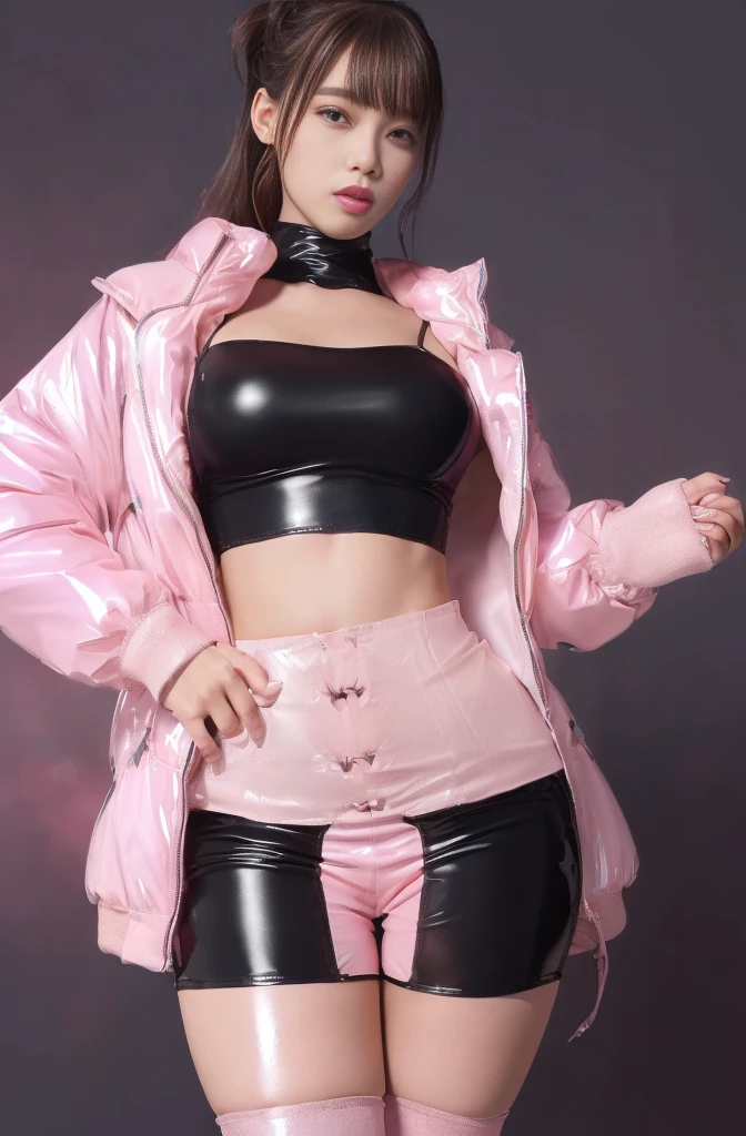 ((nsfw)),((2girls)((curvy hips)),,((puffy crotch )),((low leg skimpy croch)) ((curvy hips)),((curvy crotch :1.2~1.7 )),((wide hips)),((camel toe:1.2~2.0 ))((plump thighs:1.2~1.7 ))),high detailed skin (8k, RAW photo, best quality, masterpiece:1.2), (realistic, photo-realistic:1.4), (extremely detailed 8k wallpaper), full body, 23yo woman, (detailed face: 1.4)best quality, masterpiece,chinese idol,((ultra high detail latex idol outfit )),(intricate thigh high),((ultra high detail low leg micro shorts:1.2~1.7 )),(( midriff pink twe-tone line jacket))) ((High Detail shiny pink white latex midriff tight down jacket )), ((hyperdetailed grossy satin clothing ))(intricate thigh high pantyhose),((ultra high detail pink twe tone low leg skimpy shorts:1.2~1.7 )),((low leg skimpy low-waist shorts2.0)),(((micro low-waist shorts:1.2~1.7) )),((ultra high detail pink crotch seam:2.0)) ((underhair)) ((High Detail shiny pink latex midriff puffer jacket )), ((hyperdetailed pink white clothing )) ((crotch seam:2.0 ))((tight clothes))((close topwear)) nsfw,(ecstasy:1.3) ,(slut:1.2),(vulgarity:1.3),