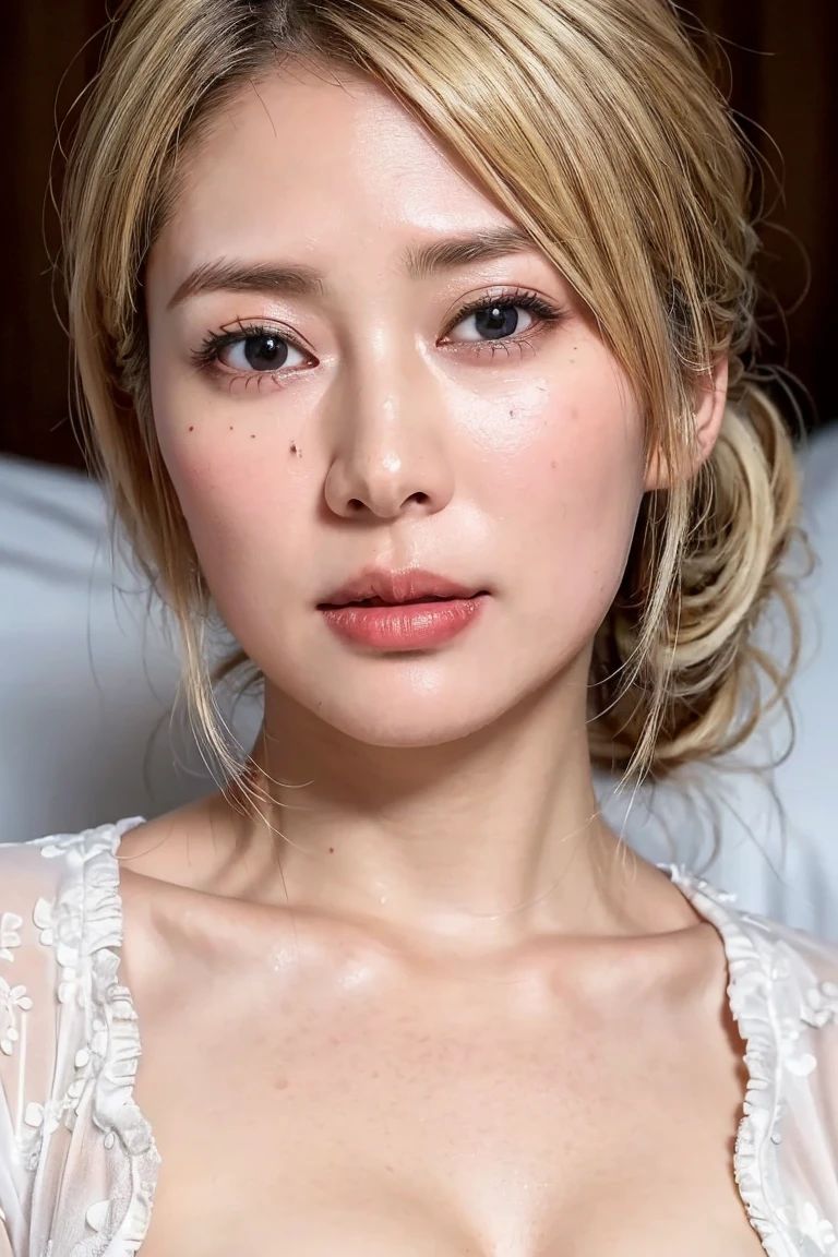 (Realistic:1.3、Ultra HD、Ultra-high resolution、8K、Female Japanese Housewife、寝室でNipplesを披露するMature Woman:1.5、At the bed)、((Look Viewer:1.8))、(Extremely realistic skin texture:1.4)、(Realistic:1.3)、short hair、((Embarrassed expression:1.5))、(blonde:1.5)、48-year-old woman、Mature Woman、Ponytail Hairstyles、(Brown eyes:1.3)、(Face close-up:1.3)、(Sweaty:1.2)、(Nipplesを見せる)、((衣服から突き出たNipples,))、dress、美しいNipples、Nipples、(Shooting from the side:1.1)、Drooling、