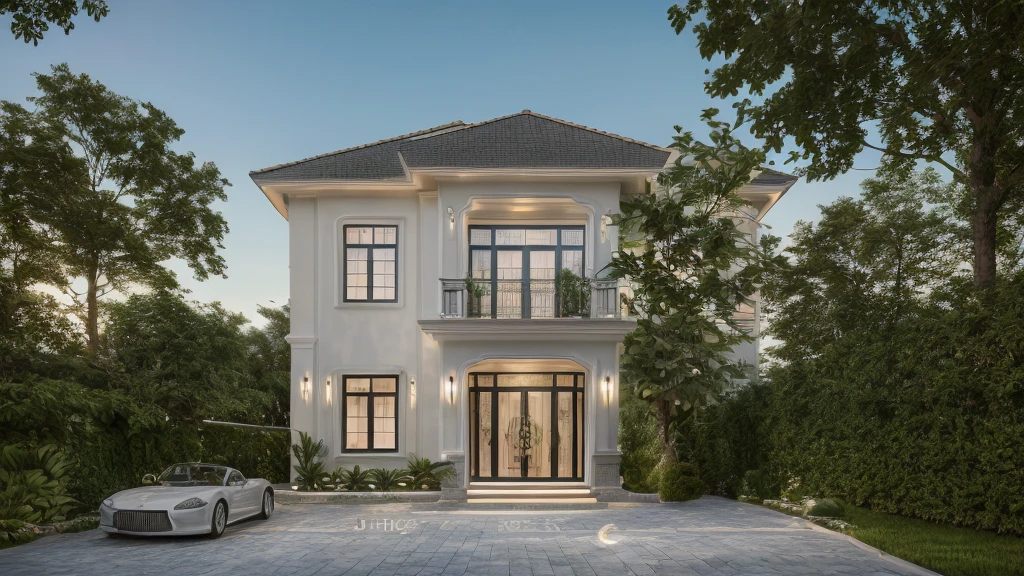 Neoclassic house, white wall, slope roof, indochine style, ( best quality) ((high solution)) ,(( photo realistic)) ,warm light, ,beautiful facade,curved windown,narrow and long ,two-storey,mutual colours, soft lighting, warm atmosphere,high Resolution, hyper detailed,4k ,vray render, octane render, hyper realistic, photography expert ,exterior design , professional photography, exterior photography,wide-angle shot , ultra detail , high Resolution , full frame, full body