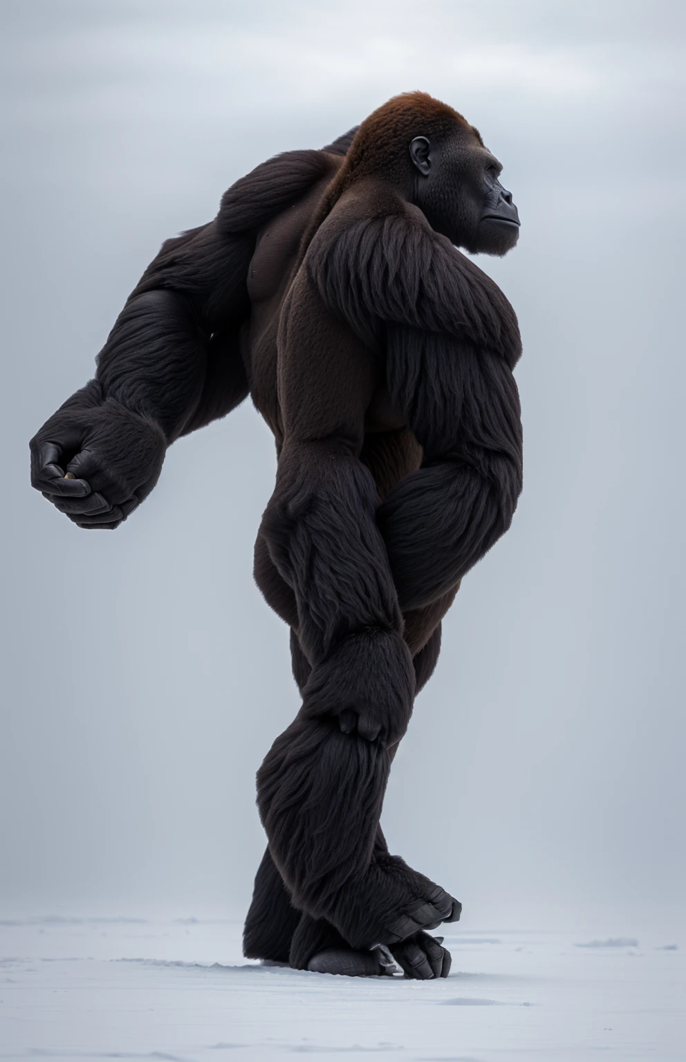 arafed gorilla standing on its hind legs with a white background, black hair gorilla, distant full body view, bigfoot, big foot, full body wide shot, whole body highly detailed, like gorilla, sasquatch,muscular, strong body, full body profile, 1/2 view realistic, full body shot hyperdetailed, highly detailed full body, ( sasquatch, full body close-up shot