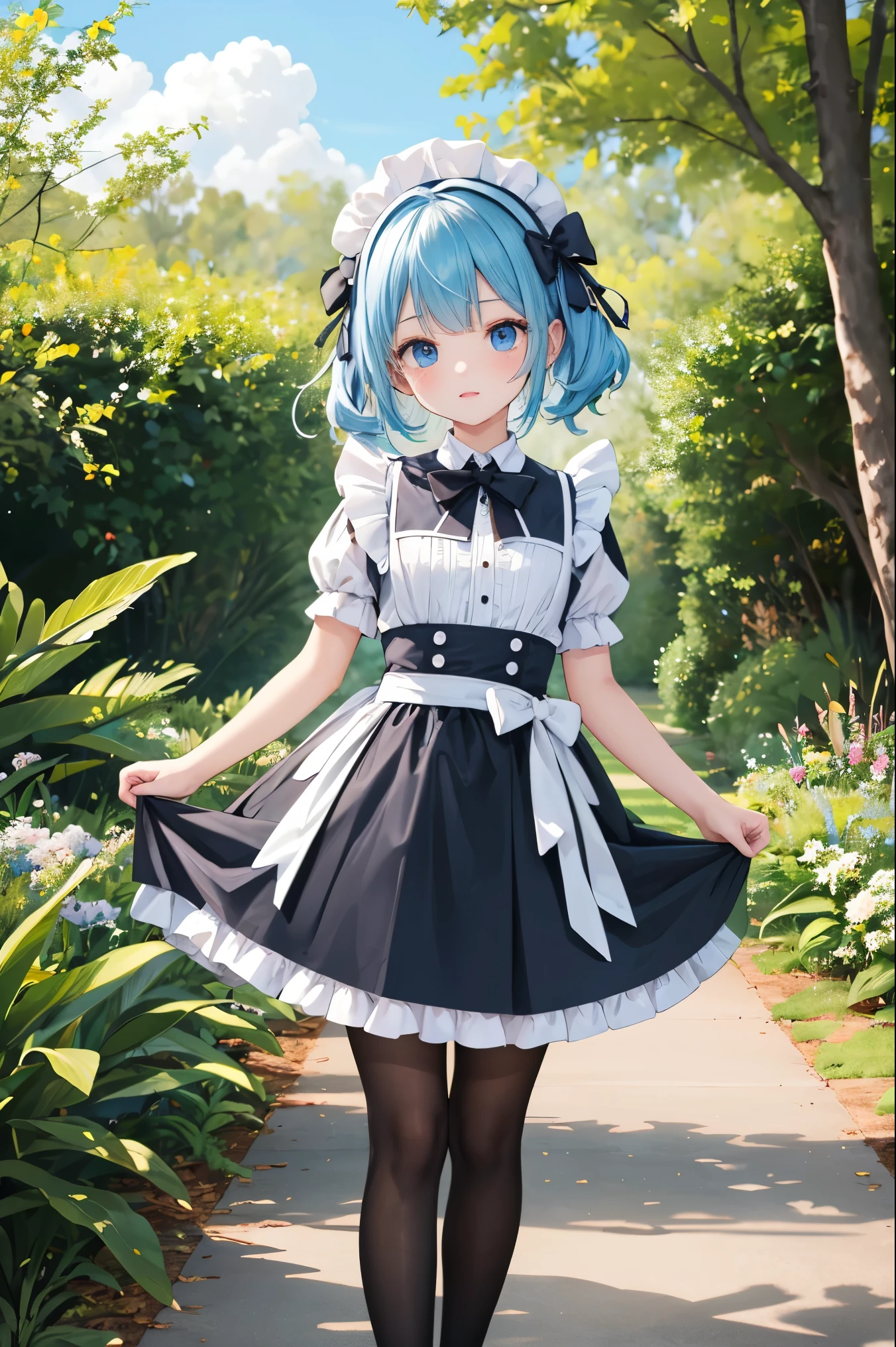 （tmasterpiece：2.0，best qualtiy），（Fine beautiful eyes：2.0），ph_rem，Remhd，1girll，Blue hair，solo，eBlue eyes，x hair accessories，legs ornaments，Bow knot，Long thick socks，lacepantyhose，Lolita heels，Lolita shoes，Rossvale Mansion maid uniform，full bodyesbian，Two hands，two legs，Photo art，maidennurse，Skysky，rays of sunshine，the trees，wave，