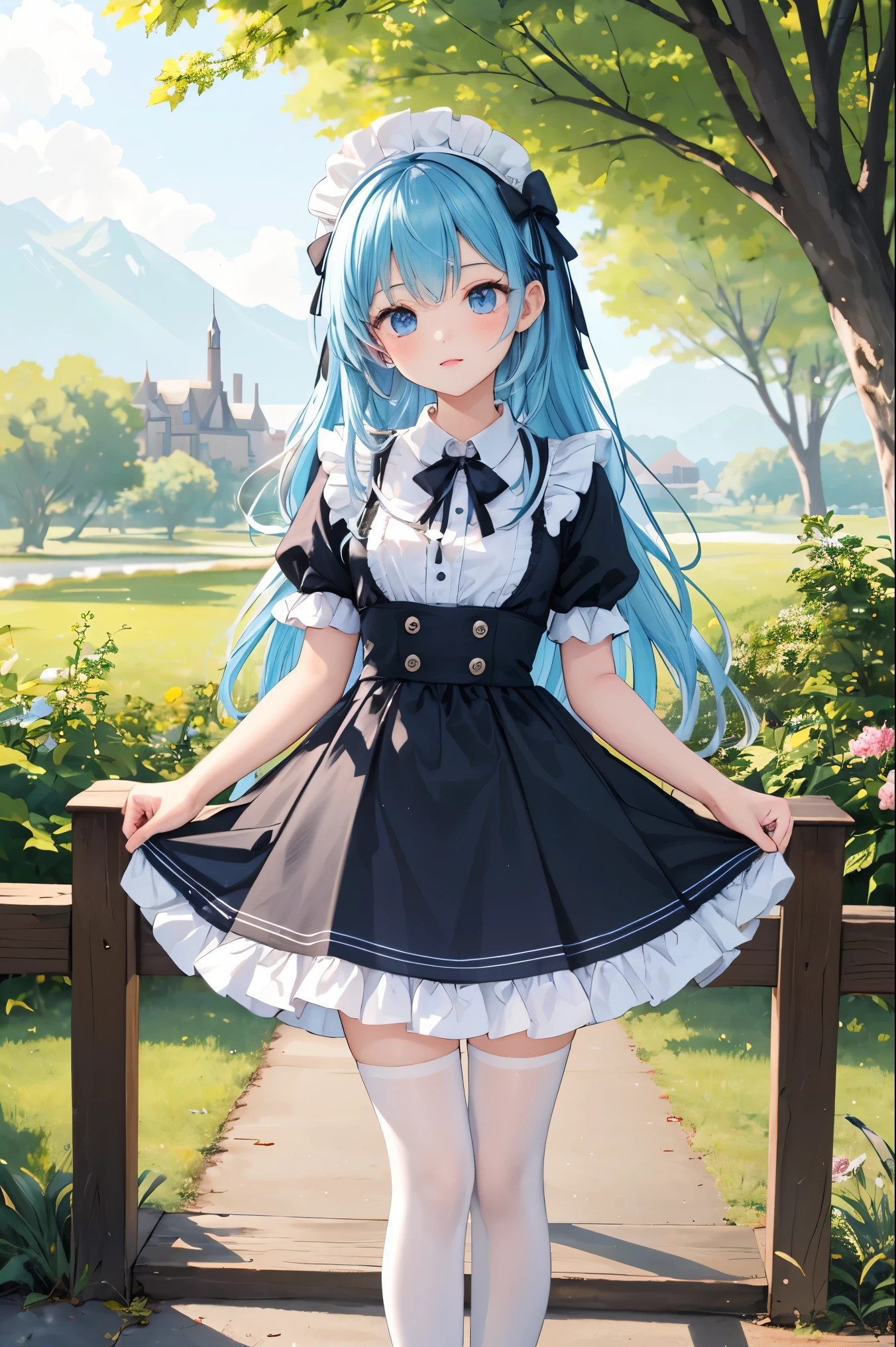 （tmasterpiece：2.0，best qualtiy），（Fine beautiful eyes：2.0），ph_rem，Remhd，1girll，Blue hair，solo，eBlue eyes，x hair accessories，legs ornaments，Bow knot，Long thick socks，lacepantyhose，****ta heels，****ta shoes，Rossvale Mansion maid uniform，full bodyesbian，Two hands，two legs，Photo art，maidennurse，Skysky，rays of sunshine，the trees，wave，